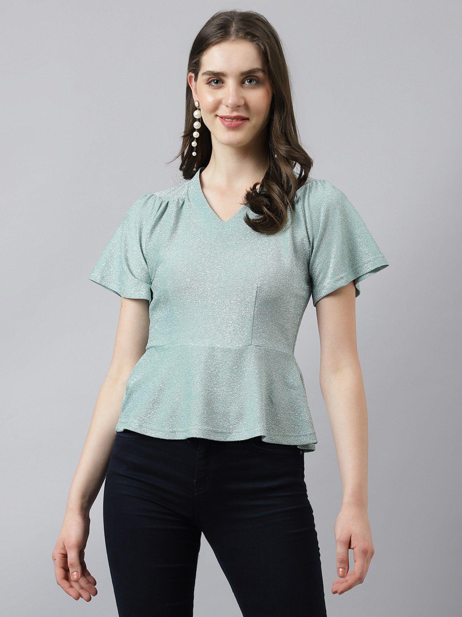 women green peplum top with v neck & short sleeves