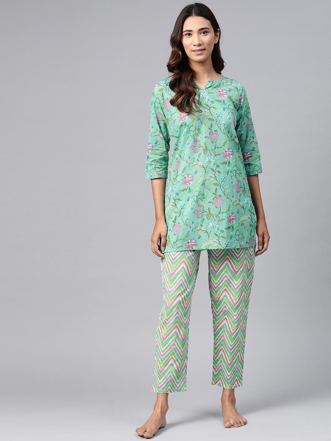 women green pink pure cotton printed night suit (set of 2)