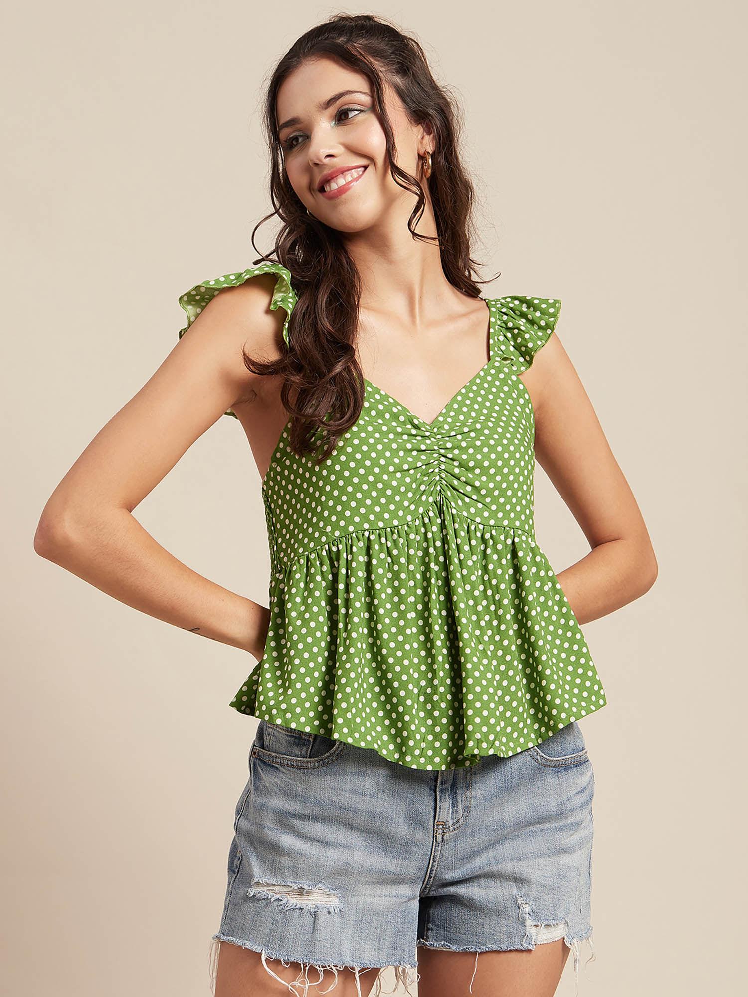 women green polka dots ruffled sleeves top