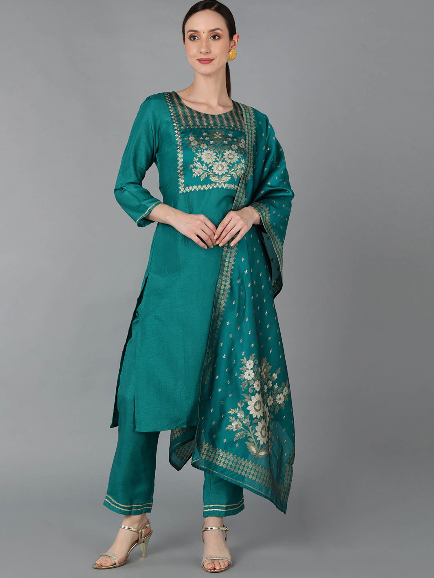 women green poly silk woven design straight kurta pants with dupatta (set of 3)