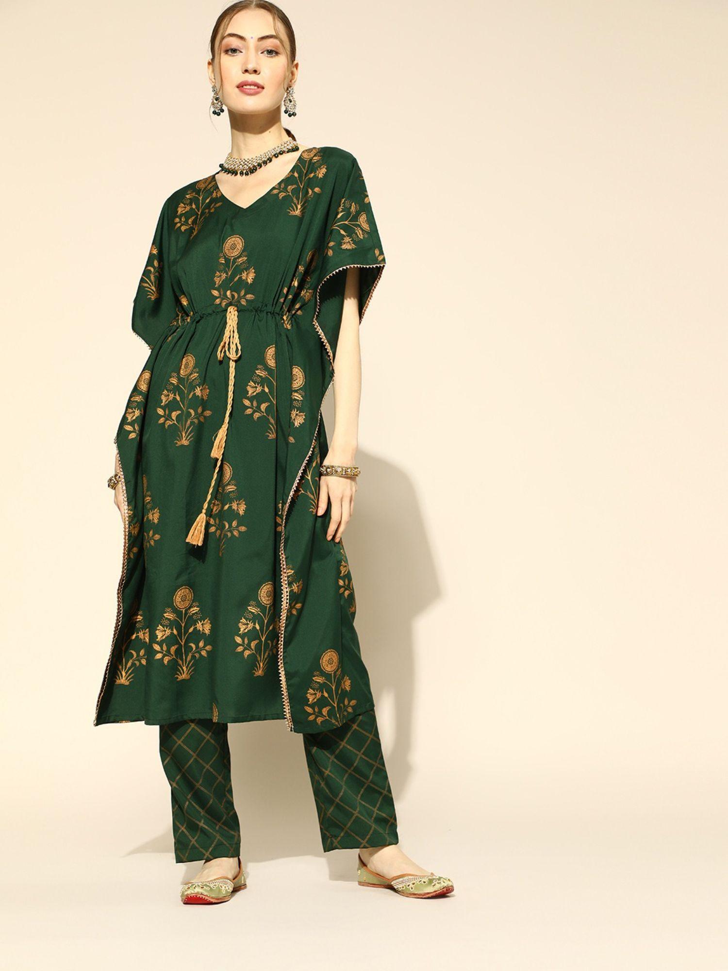 women green polyester printed kaftan with pant (set of 2)