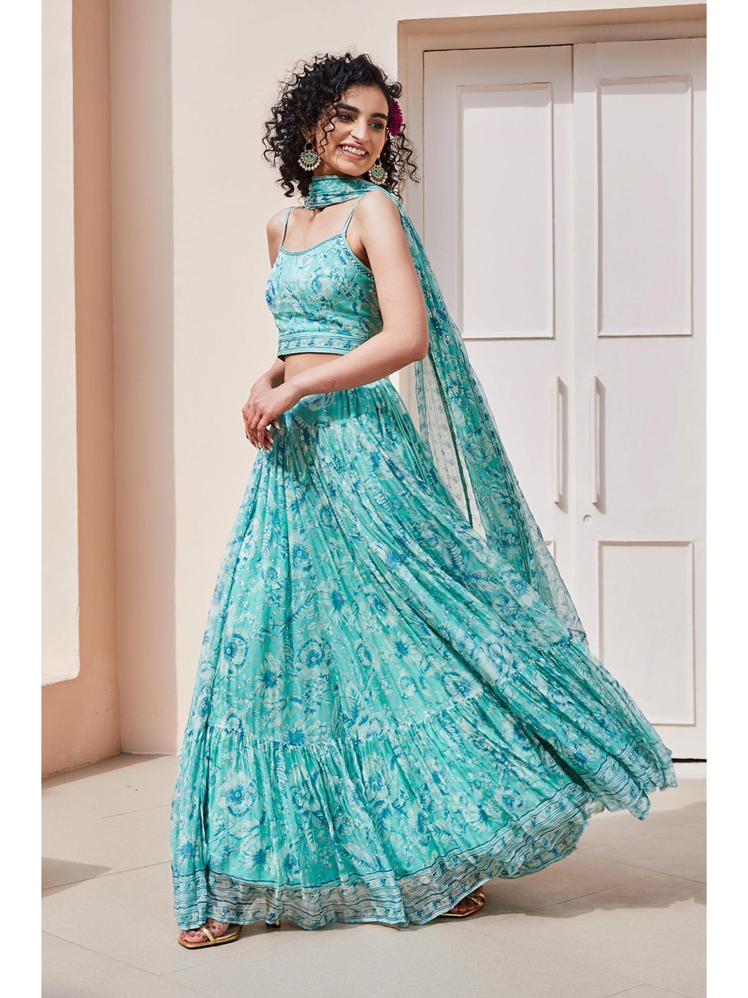 women green polyester printed lehenga with blouse and dupatta (set of 3)