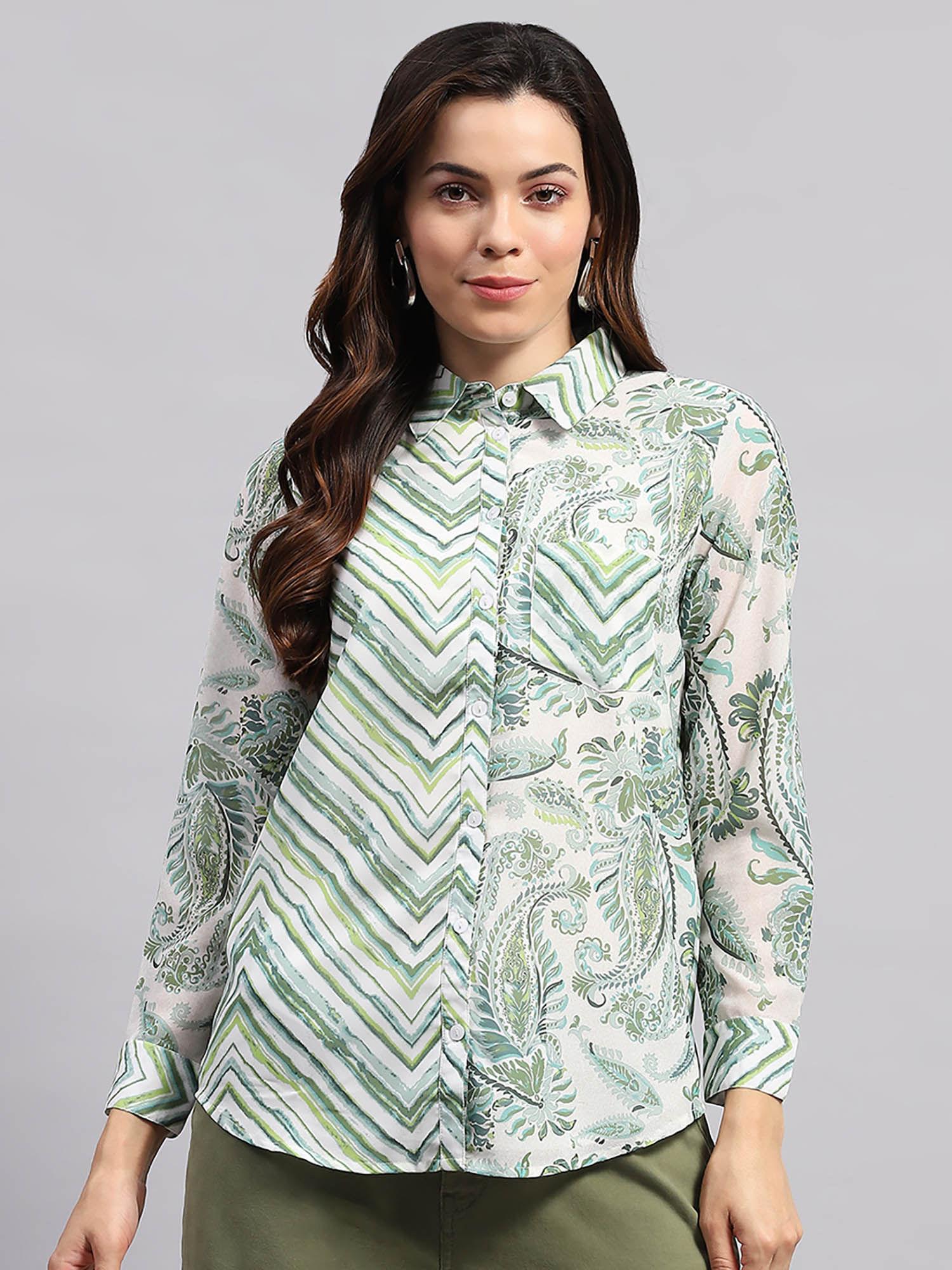 women green printed full sleeves collar neck shirt