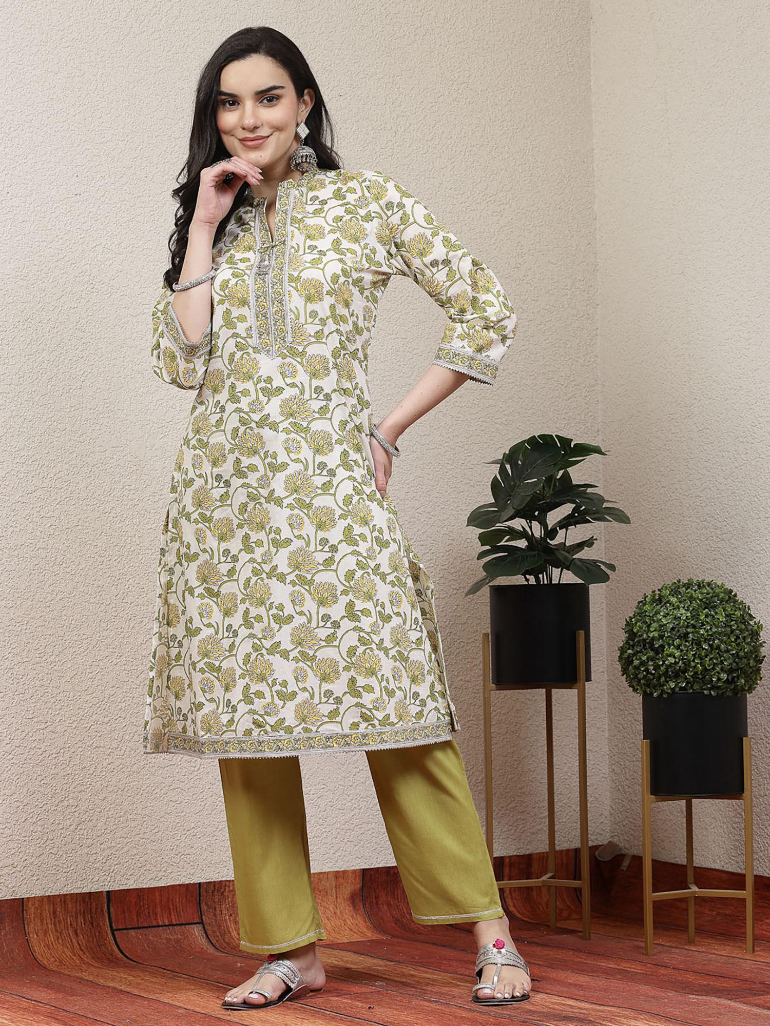 women green printed kurta with pants (set of 2)