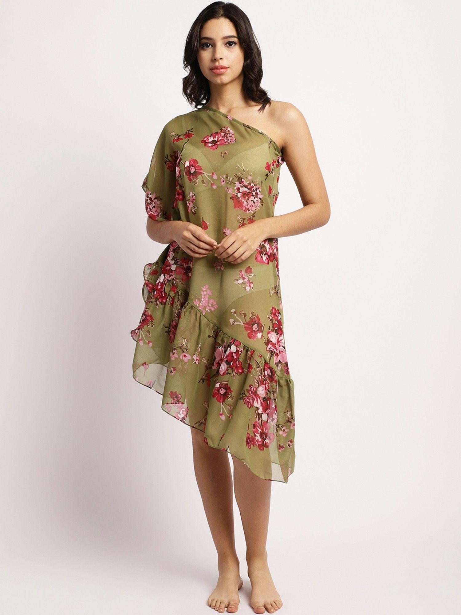 women green printed swimwear cover up dress