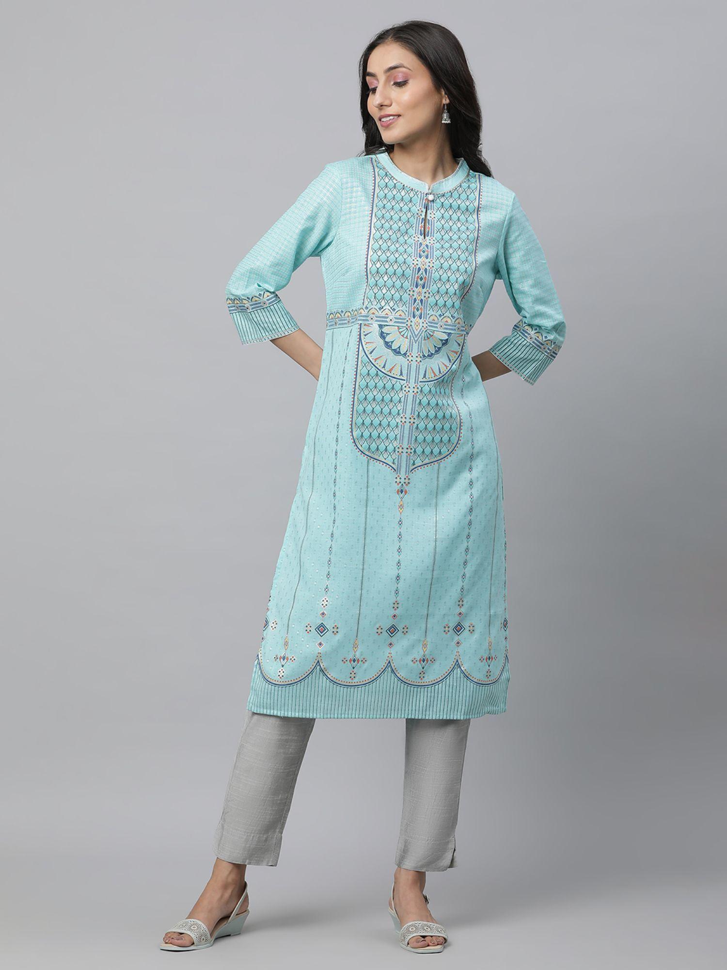 women green printed three fourth sleeves mandarin neck kurta