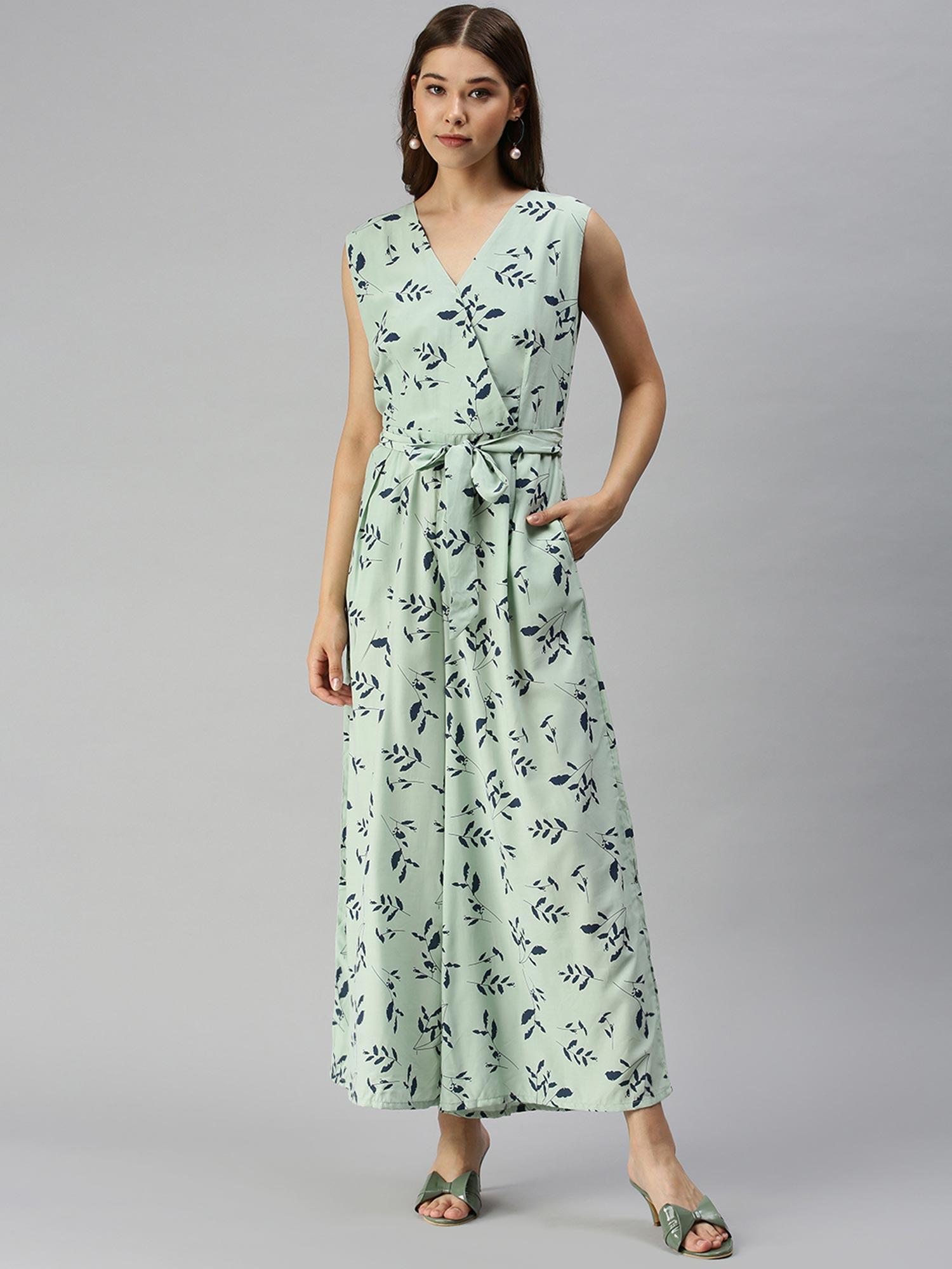 women green printed v-neck sleeveless jumpsuit