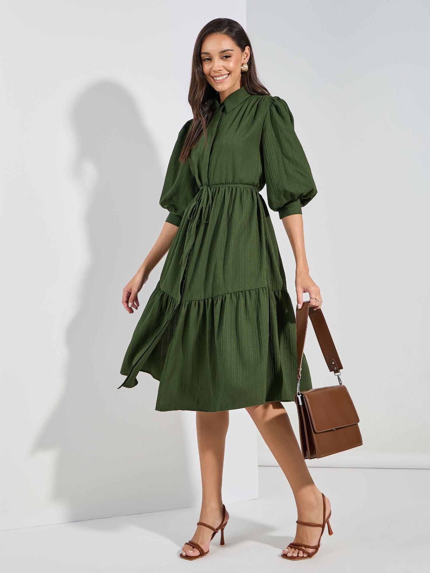 women green puff sleeve shirt midi dress with belt (set of 2)