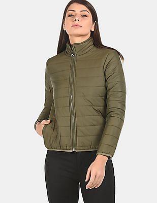 women green quilted panel puffer jacket
