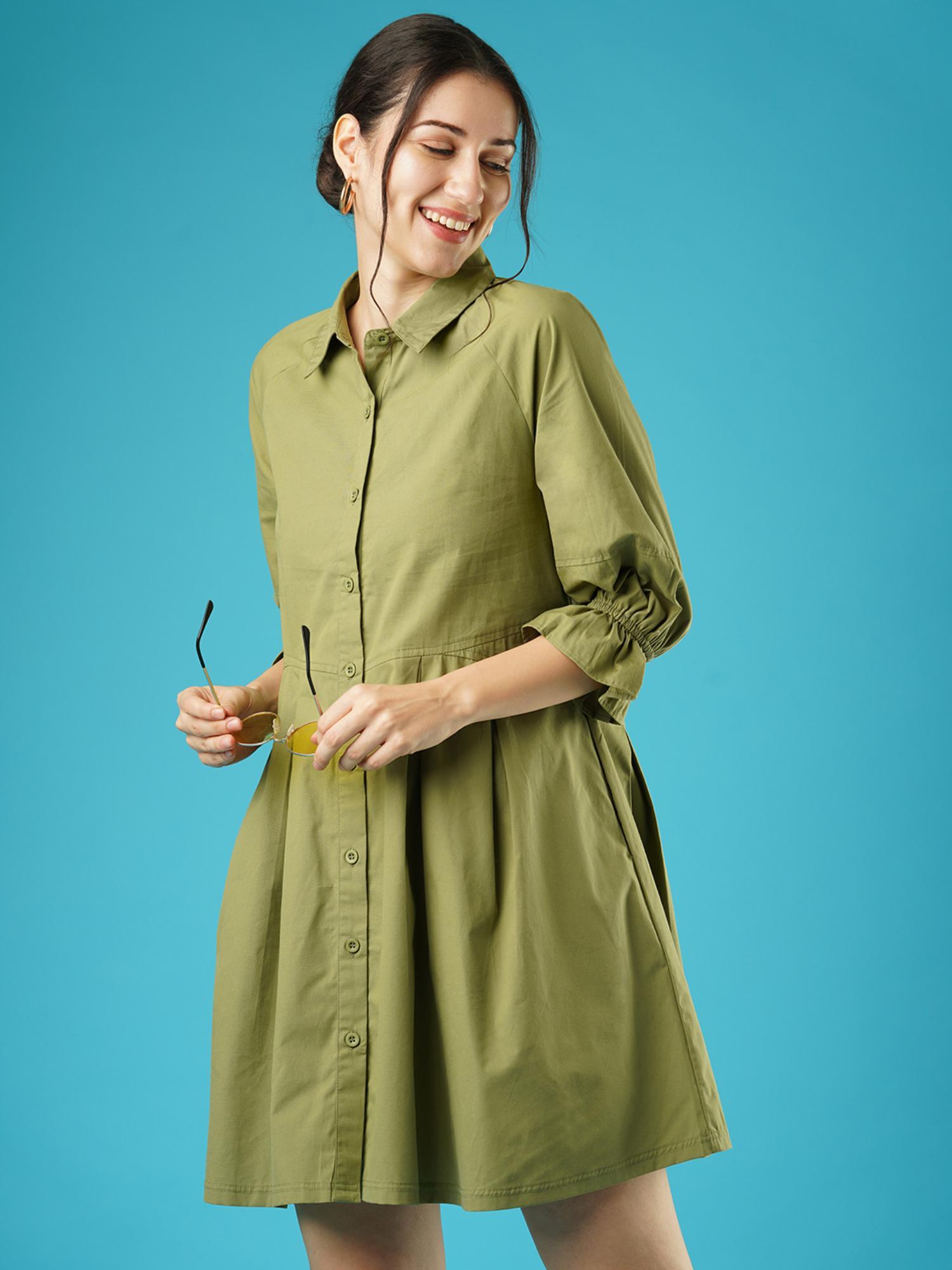 women green raglan sleeves gathered oversized above knee shirt style dress