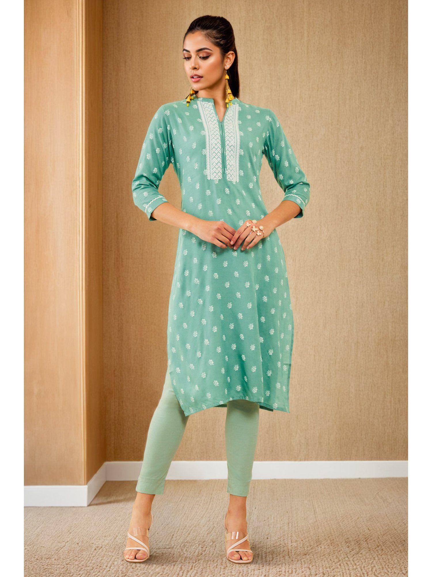 women green rayon embroidered kurta