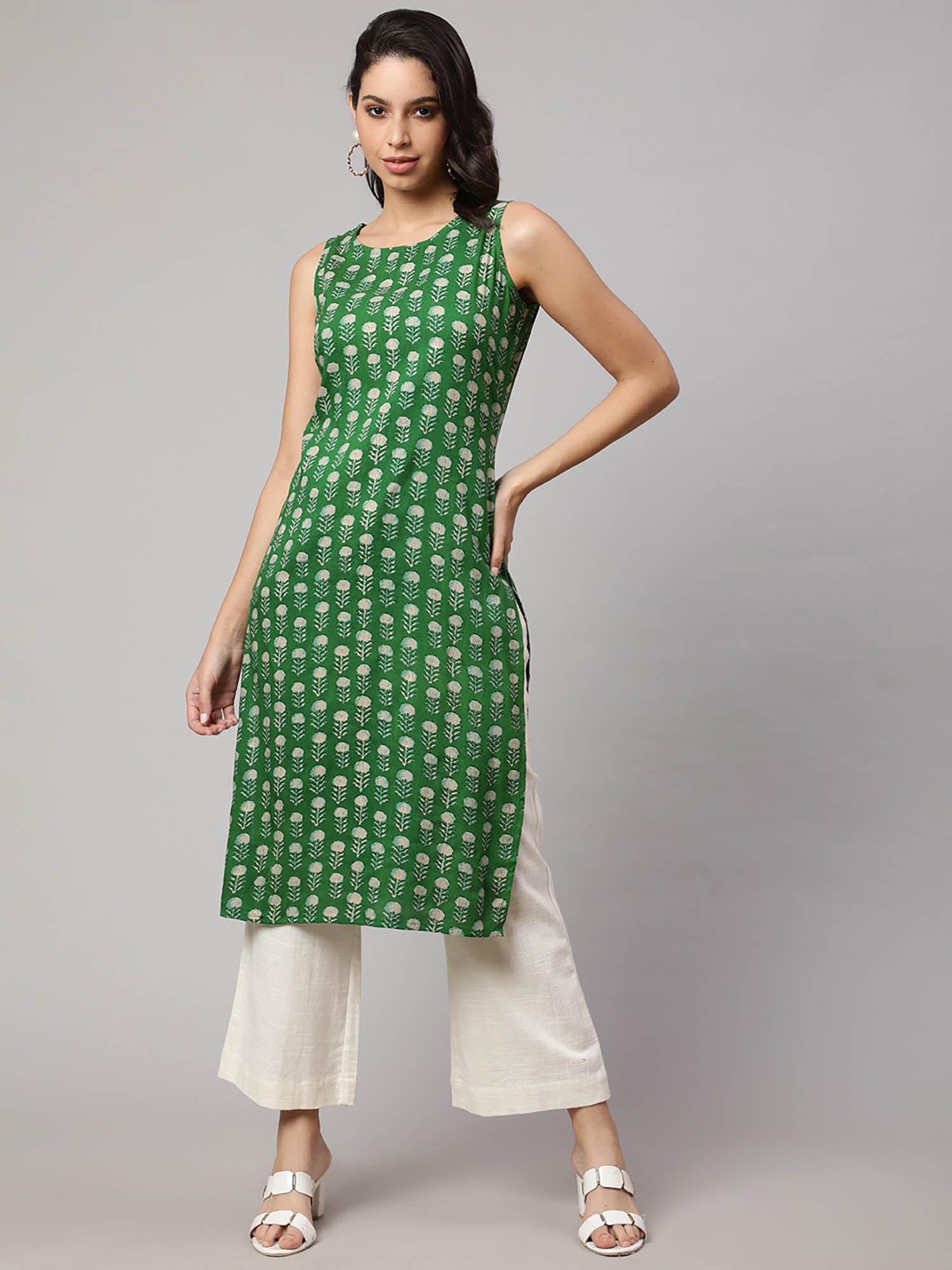 women green rayon floral printed calf length straight kurta