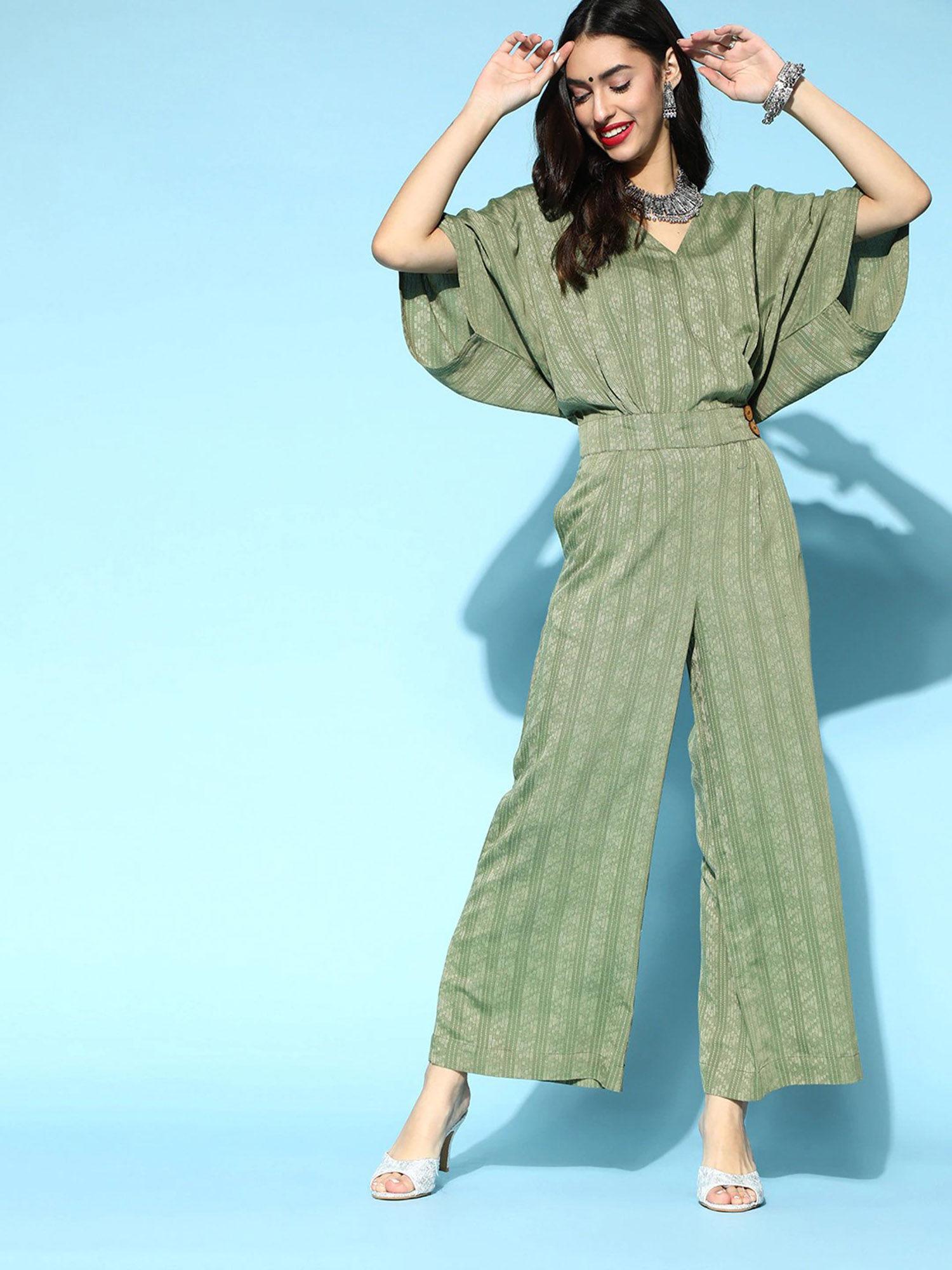 women green rayon self weave jumpsuit