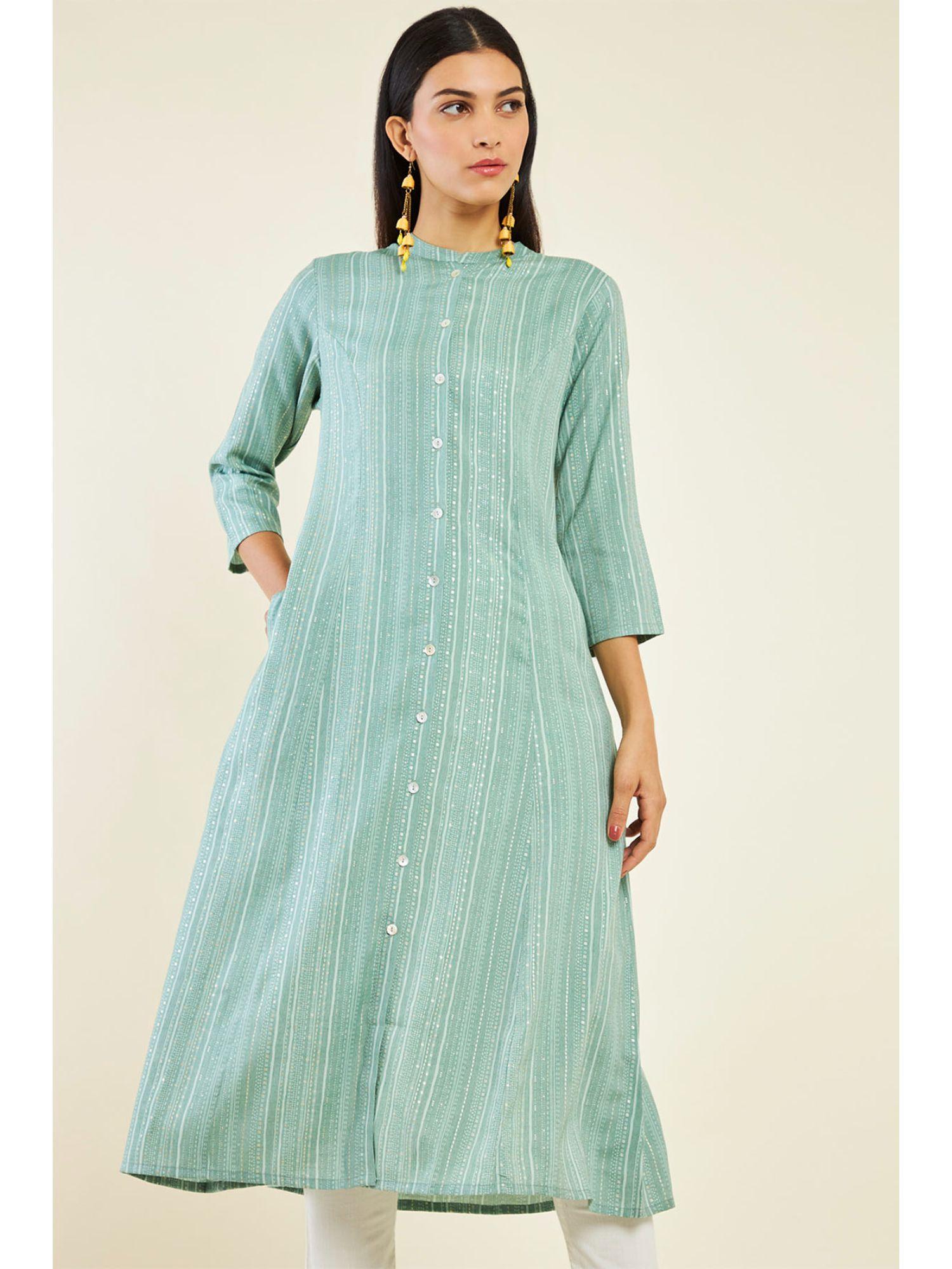 women green rayon stripes kurta