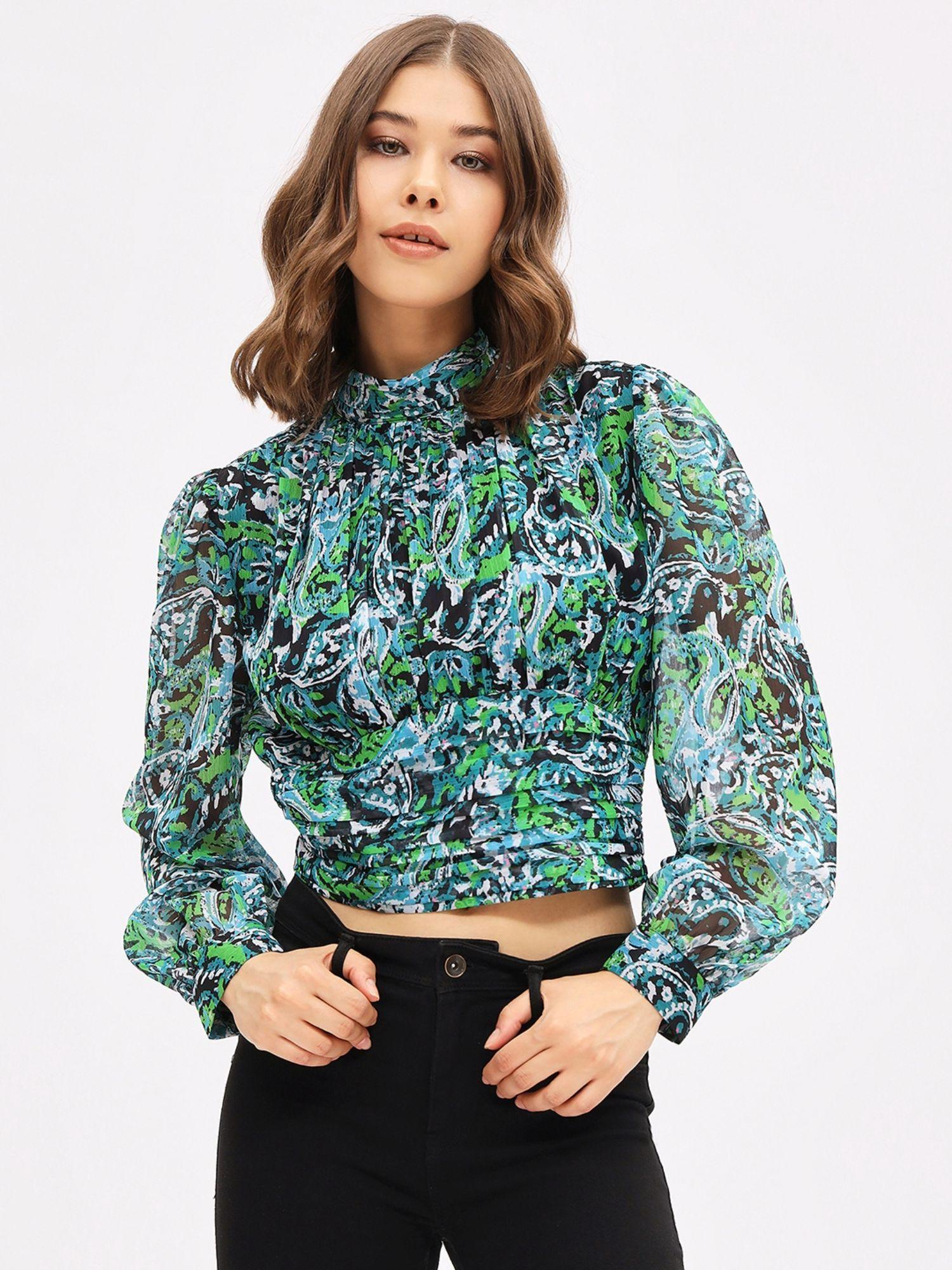 women green regular fit floral printed high neck full sleeves crop top