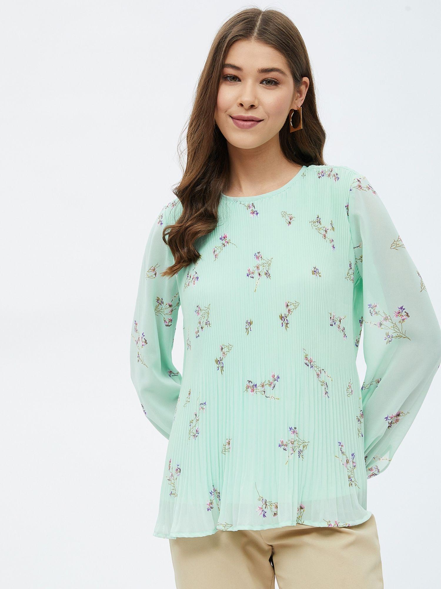 women green regular fit floral printed round neck full sleeves top