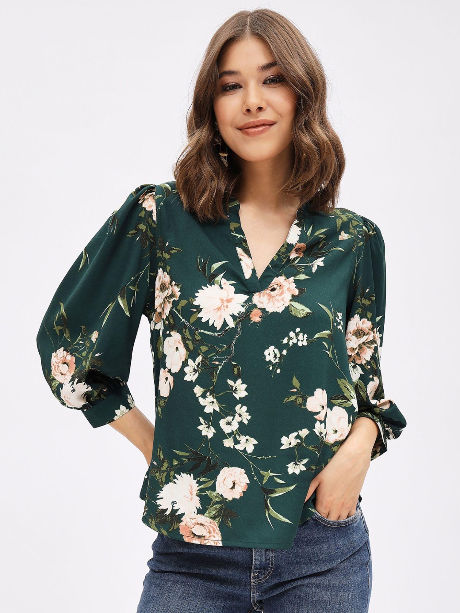 women green regular fit floral printed three fourth sleeves top