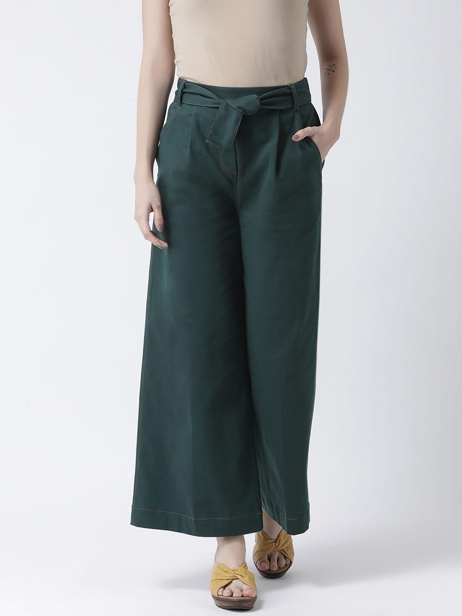 women green regular fit solid flared mid waist pant