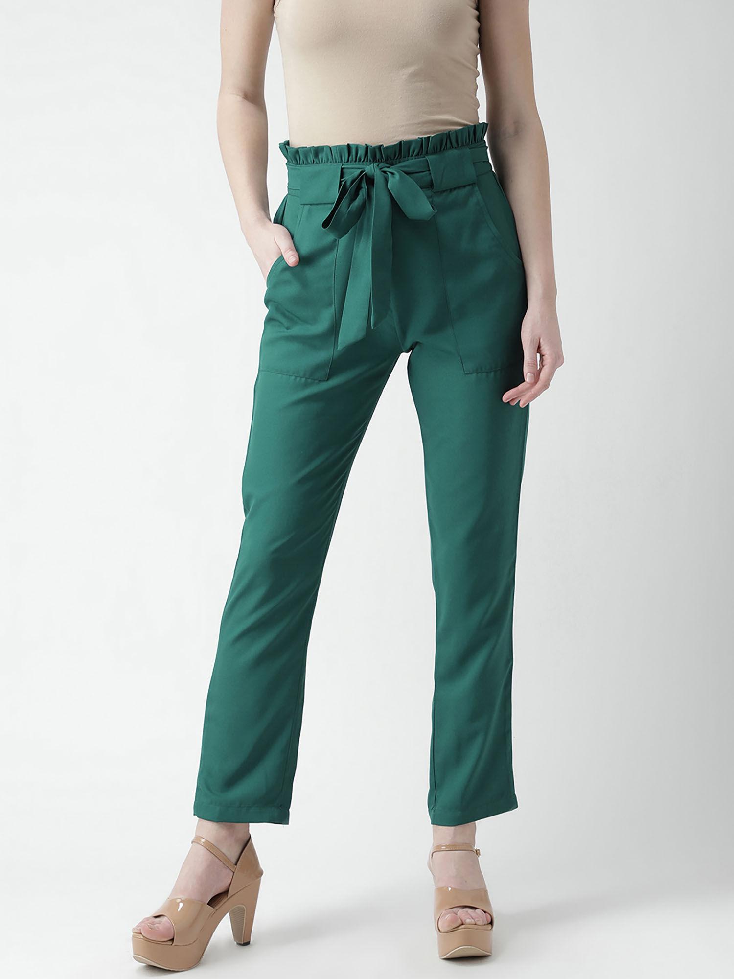 women green regular fit solid straight mid waist pant