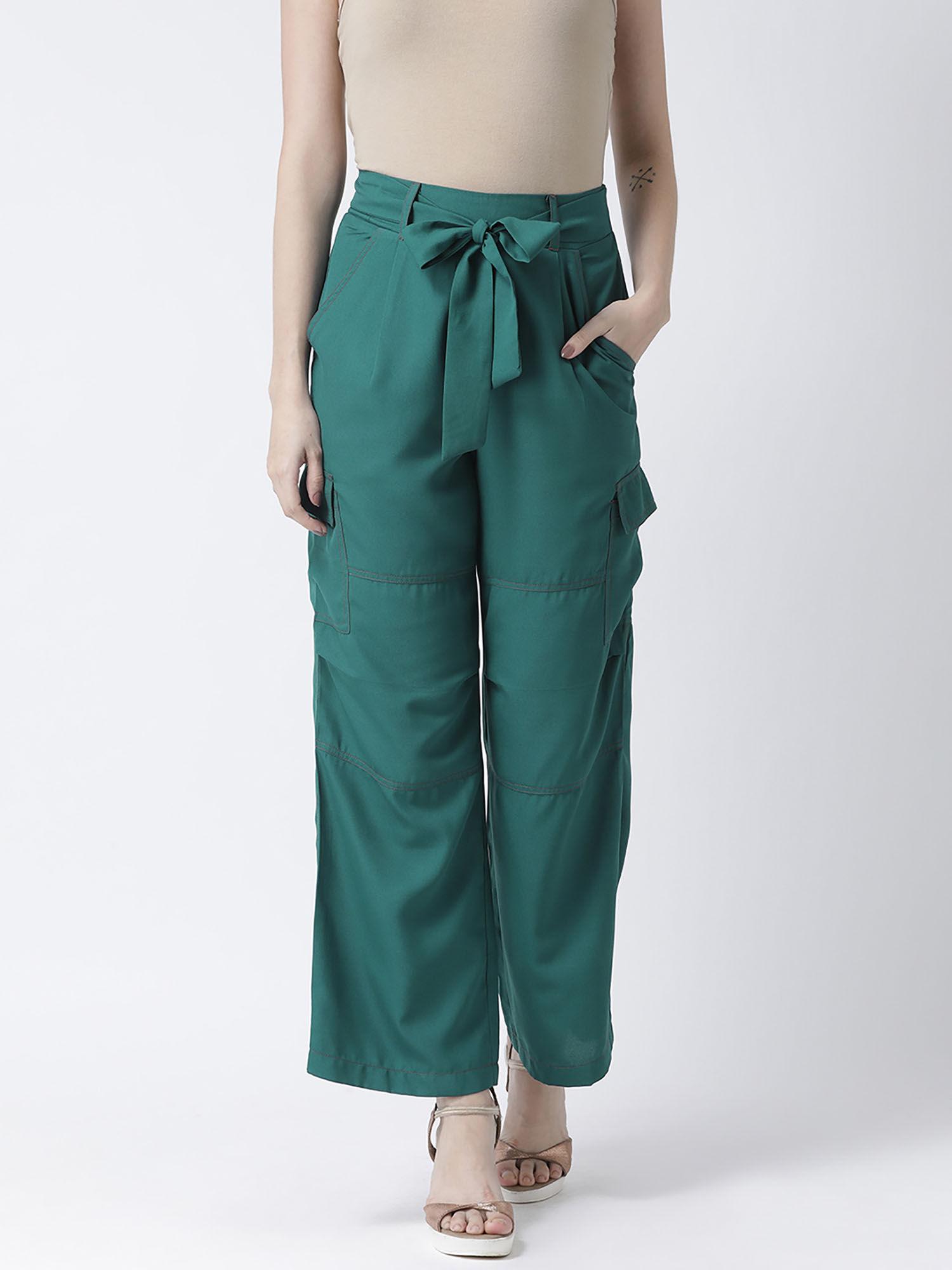 women green regular fit solid wide mid waist pant