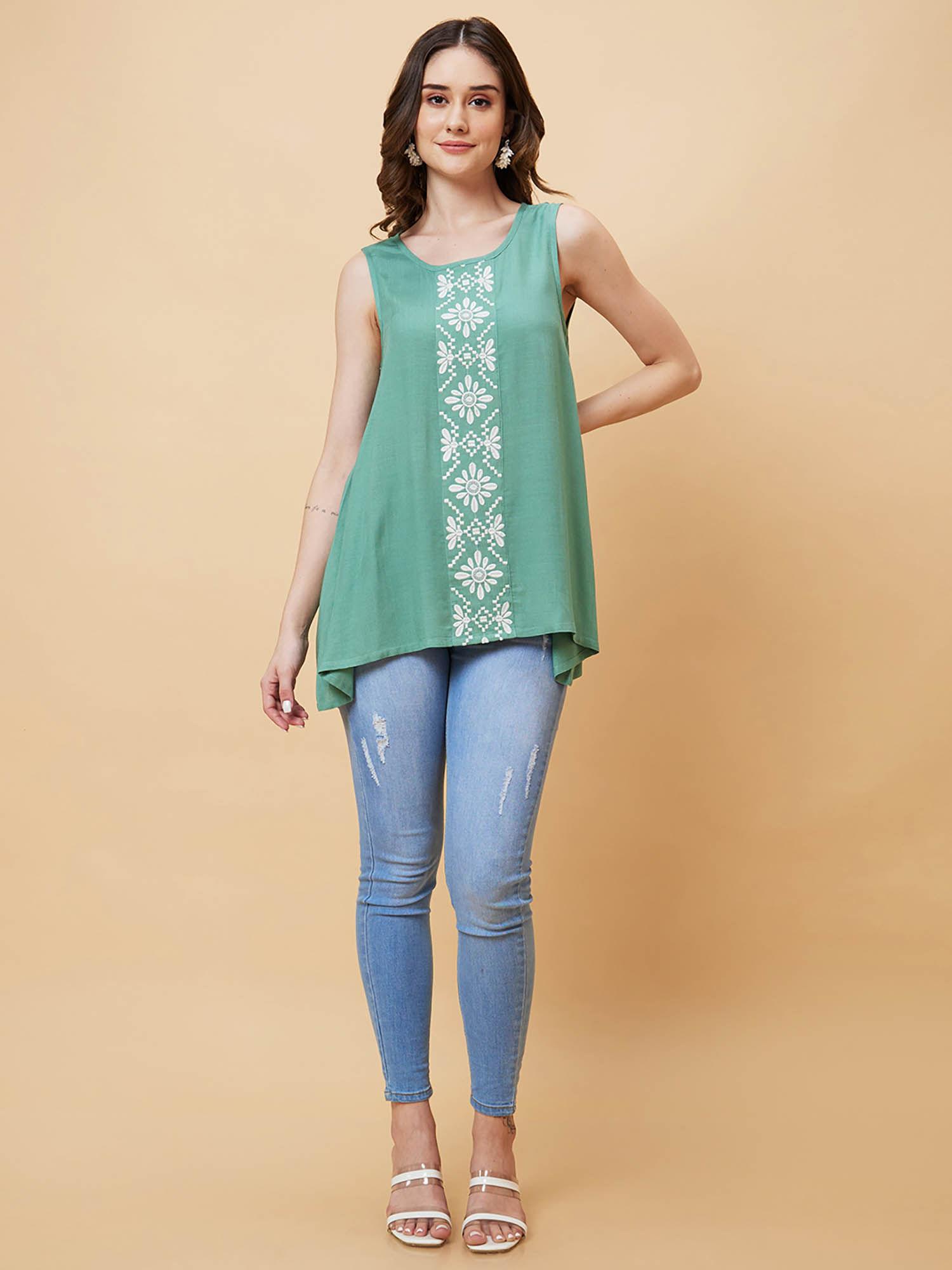 women green round neck floral embroidered sleeveless a-line tunic