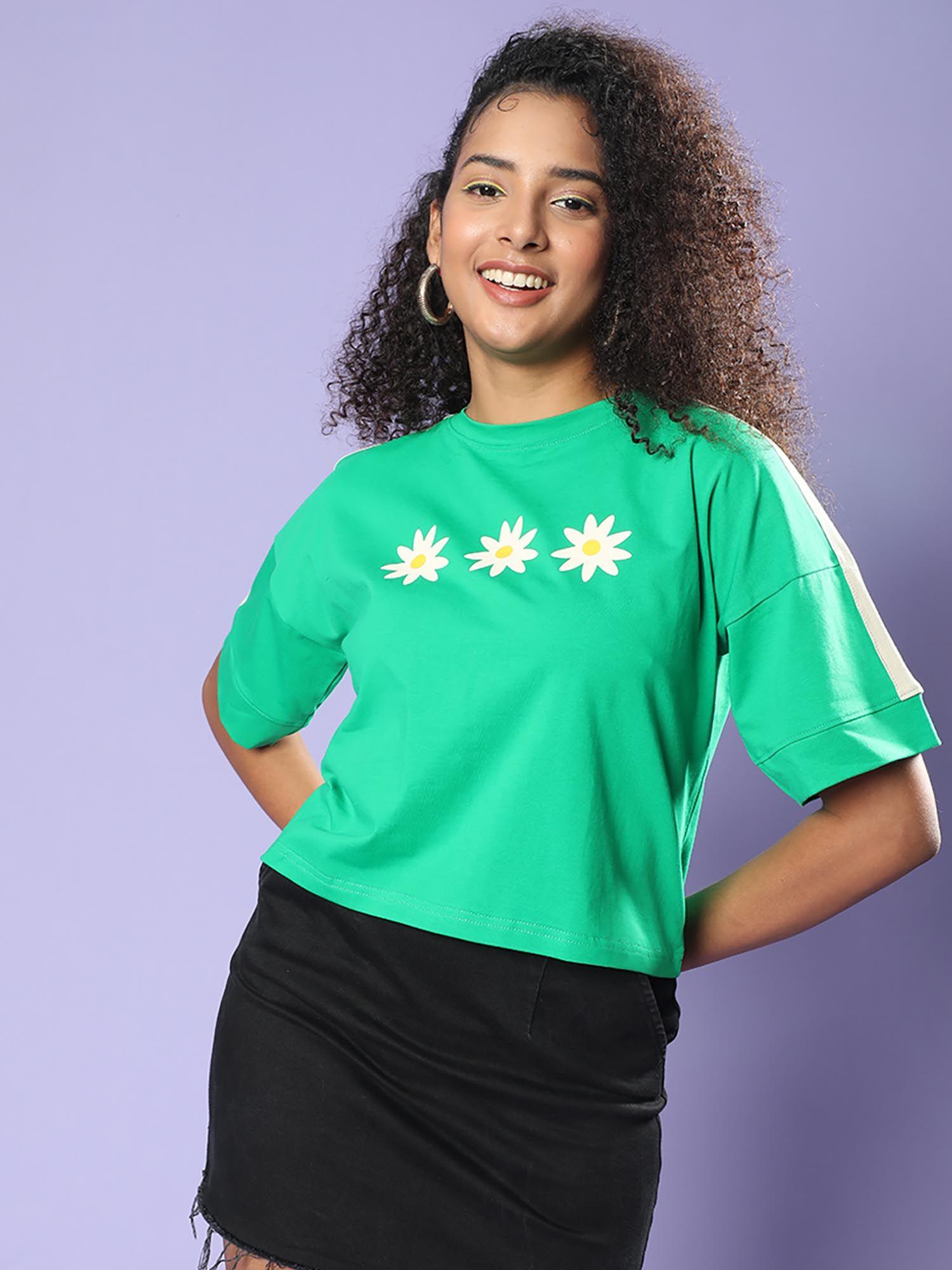 women green round neck half sleeves regular fit crop t-shirt