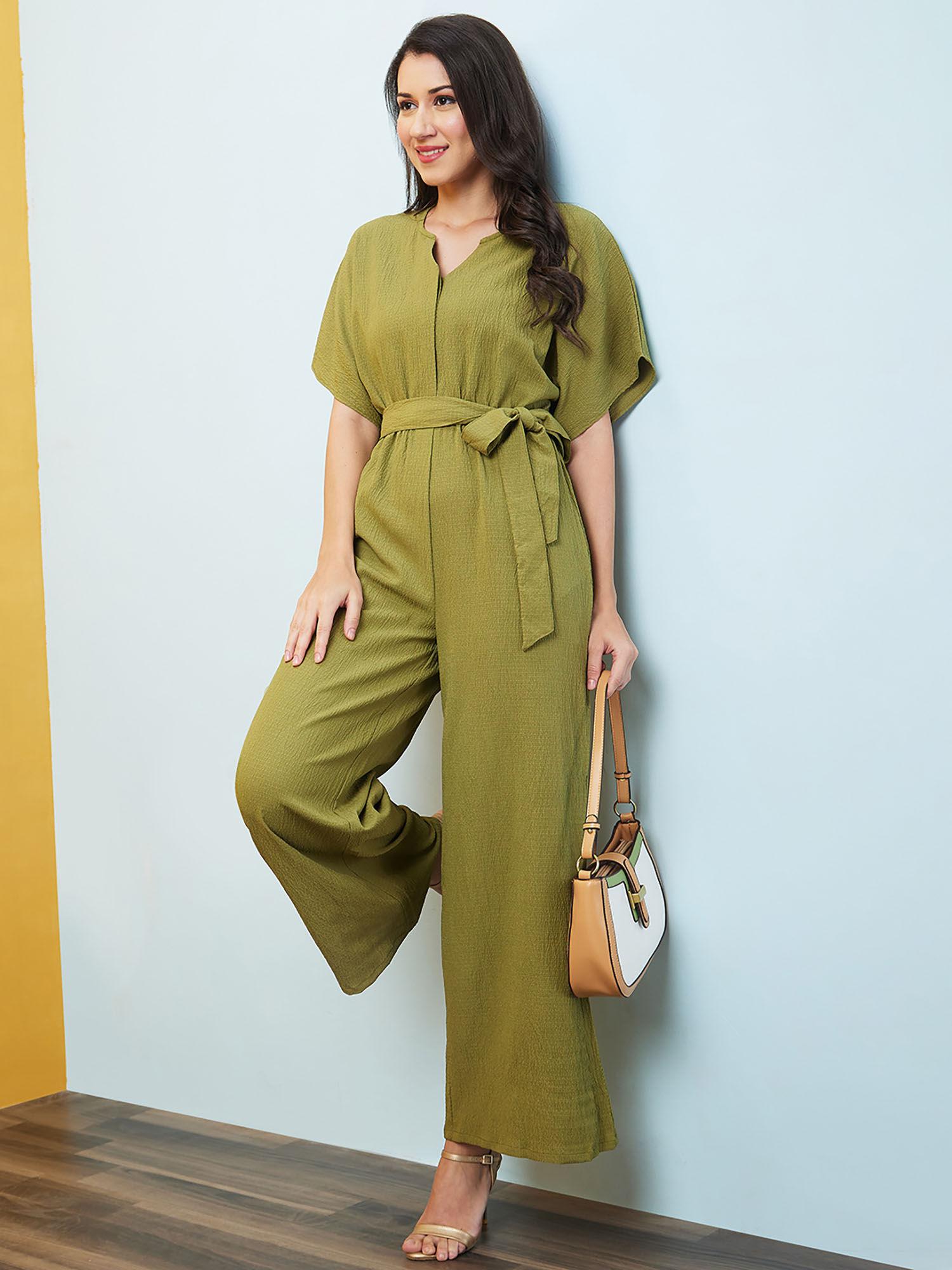 women green round neck with v cut kimono sleeves waist tie-up longline jumpsuit