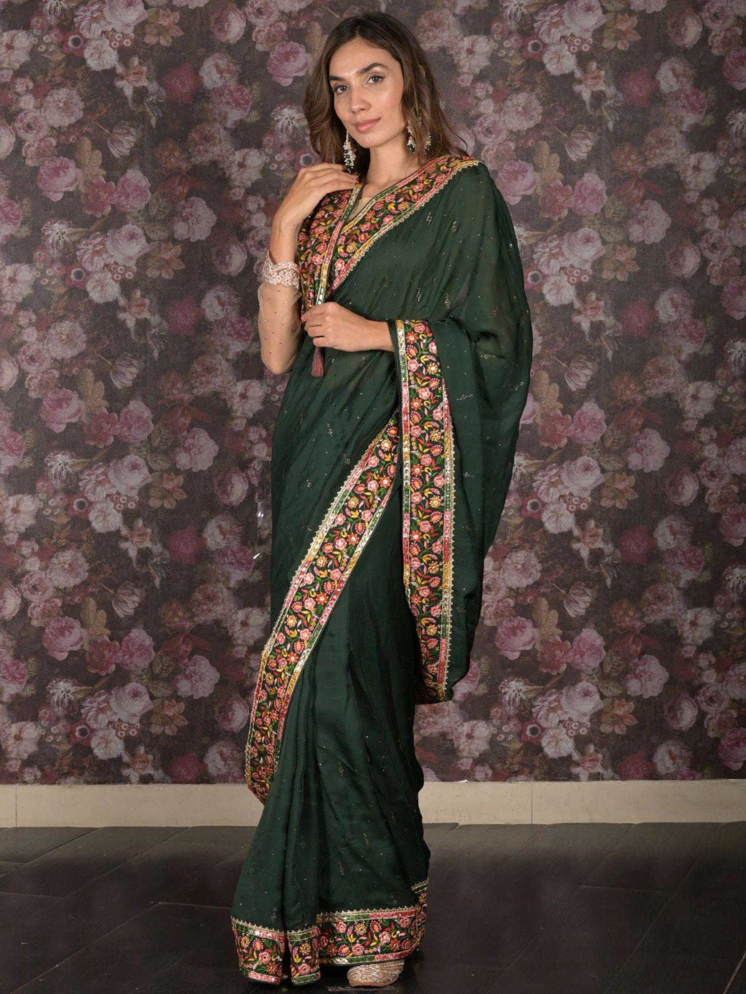 women green satin embroidered saree with unstitched blouse