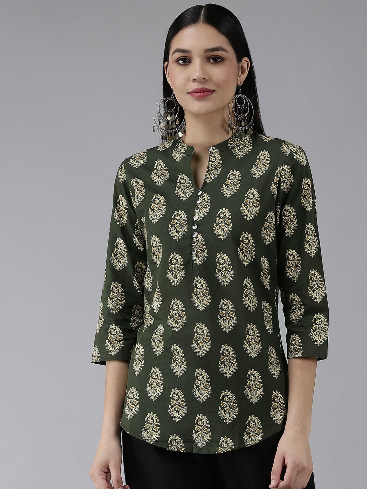 women green screen print potli buttons regular top