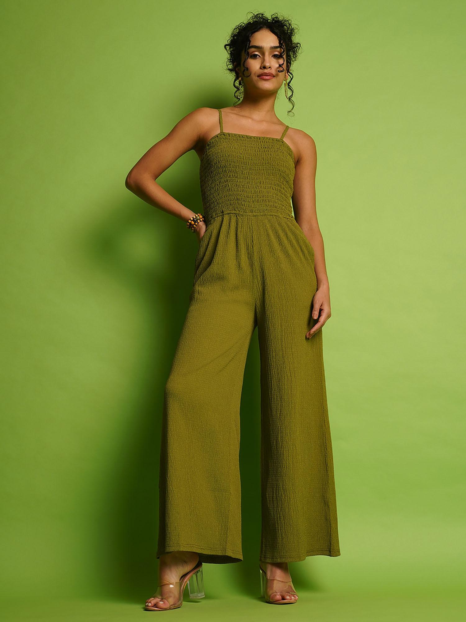 women green self design strappy shoulder smocked long jumpsuit