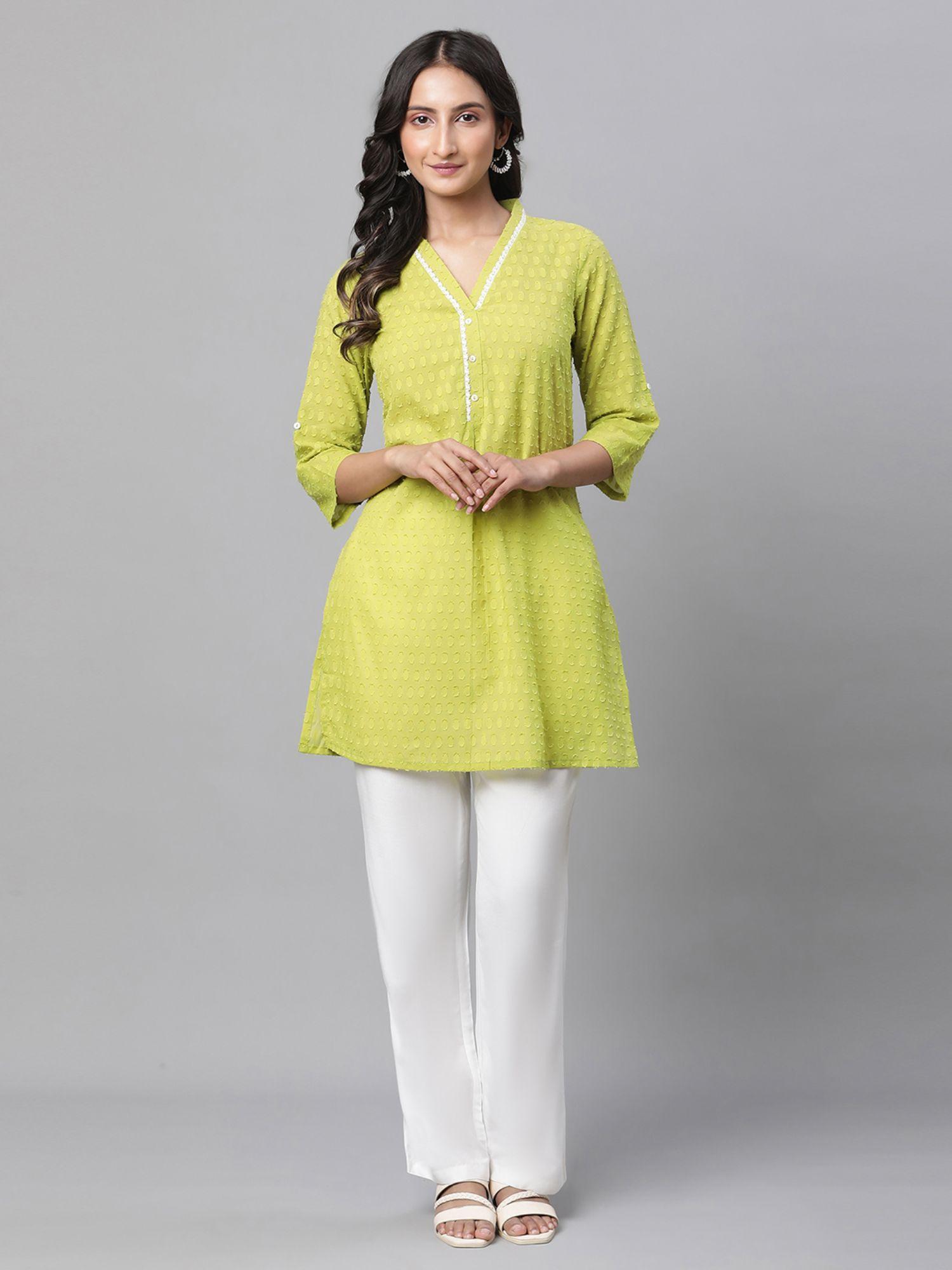 women green self design three fourth sleeves v-neck kurti