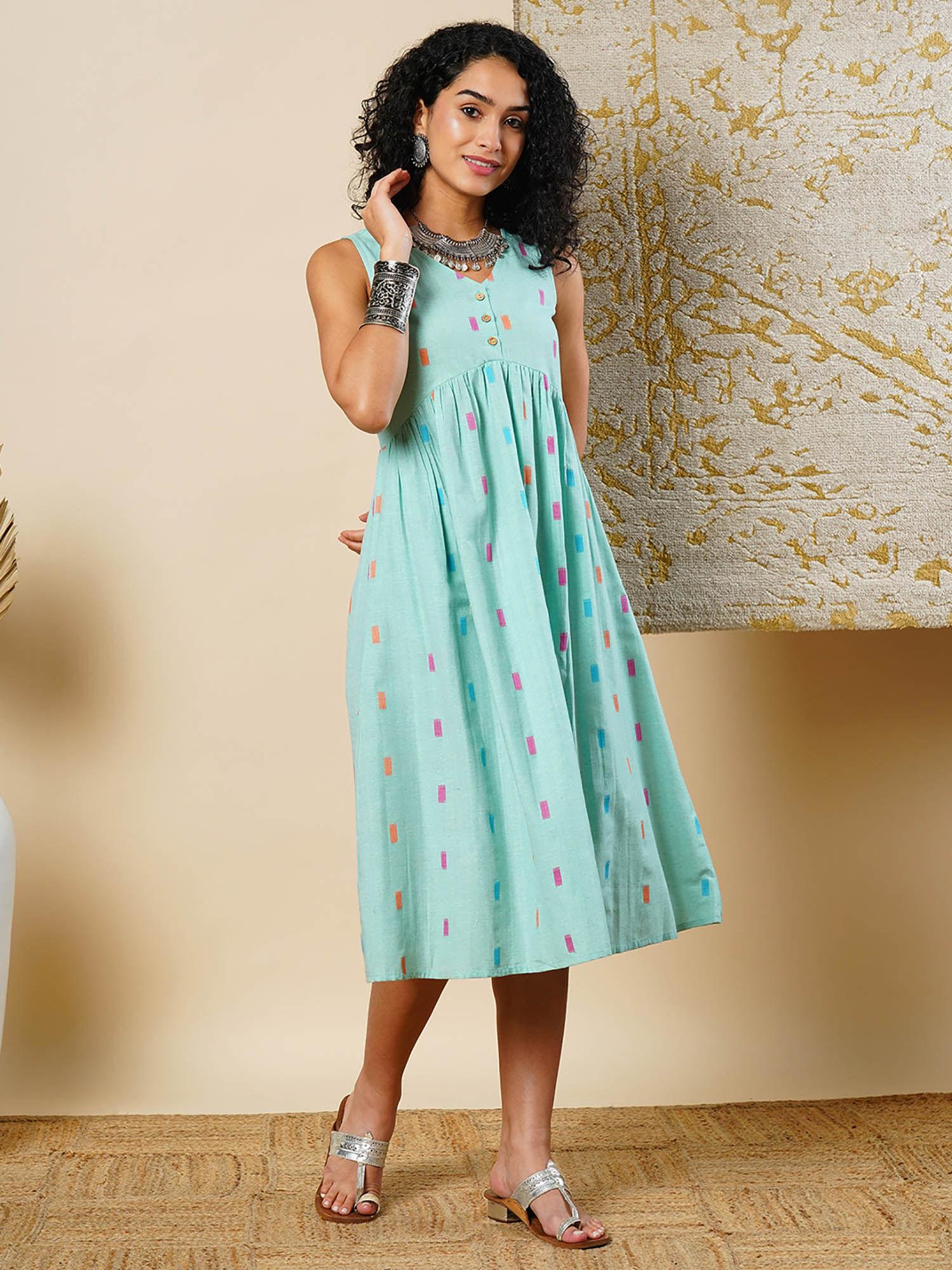 women green self design v-neck gathered a-line midi dress