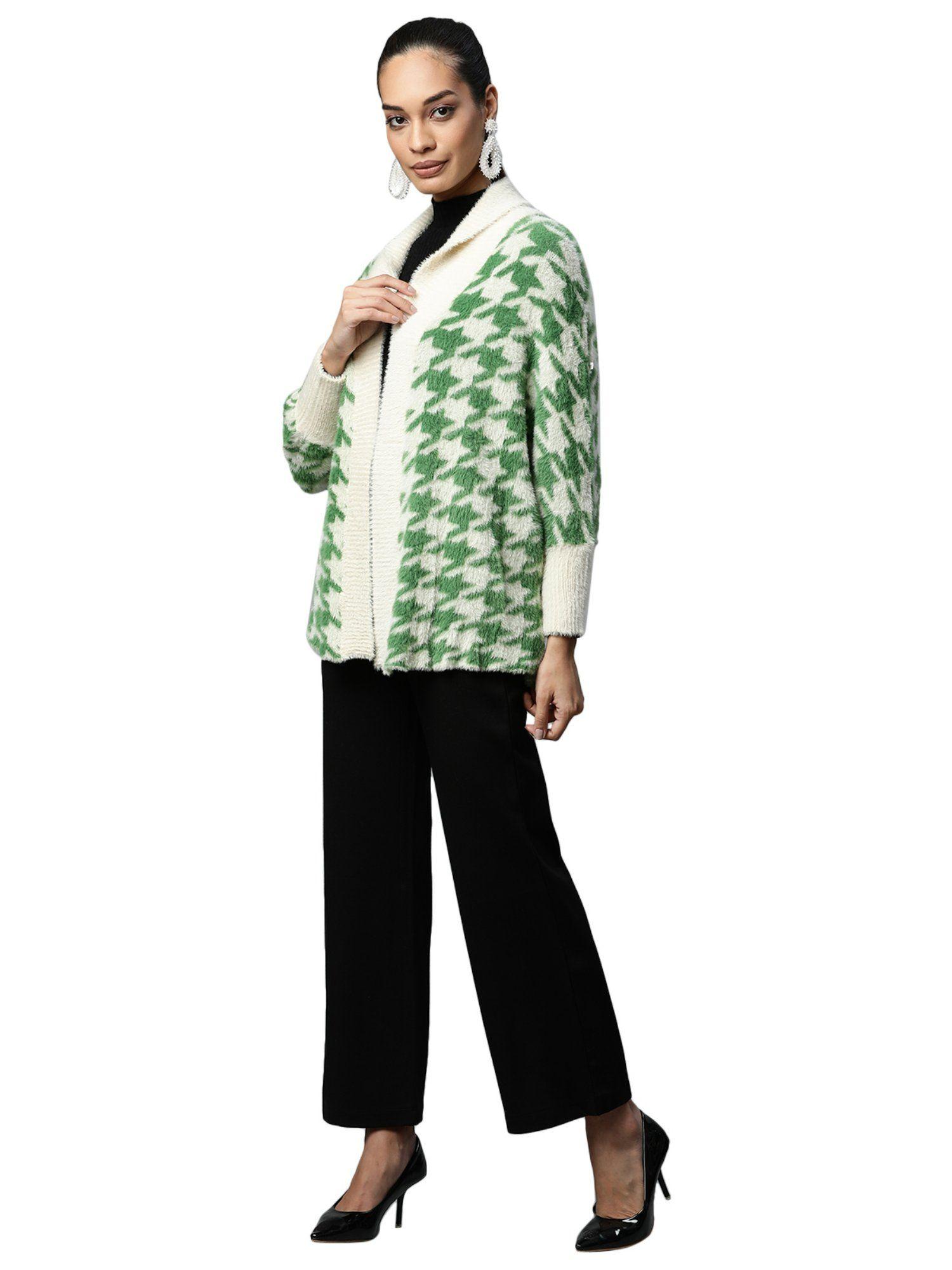 women green shawl collar houndstooth shrug