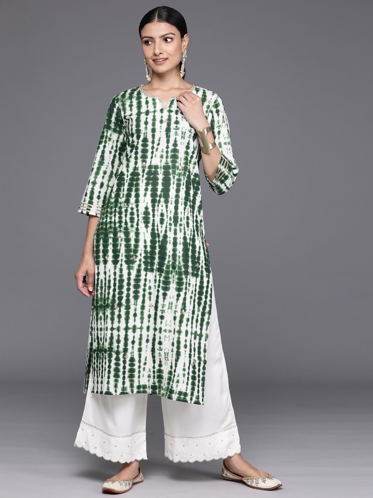 women green shibori straight kurta with embellished round neck