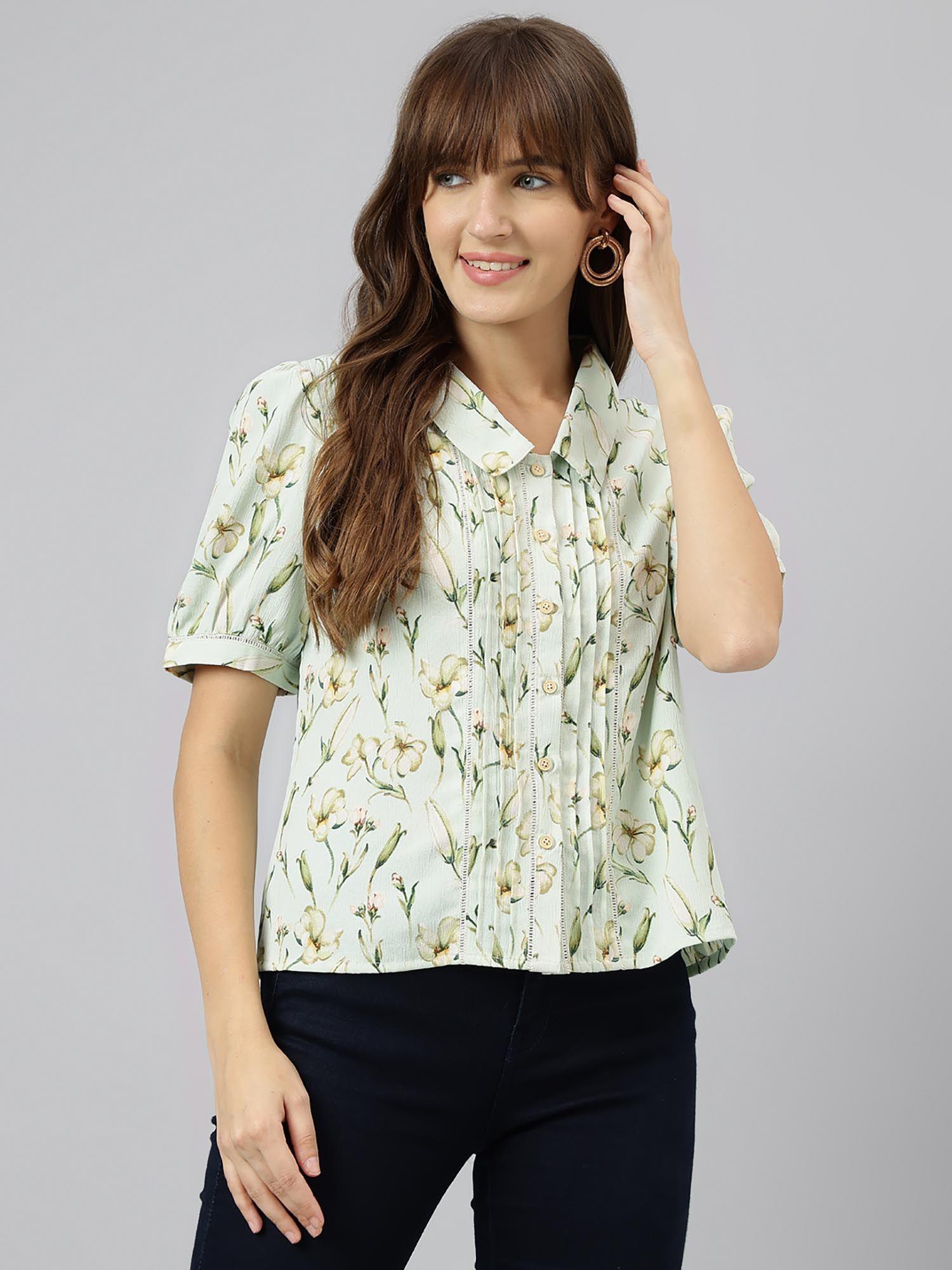 women green short sleeves printed shirt