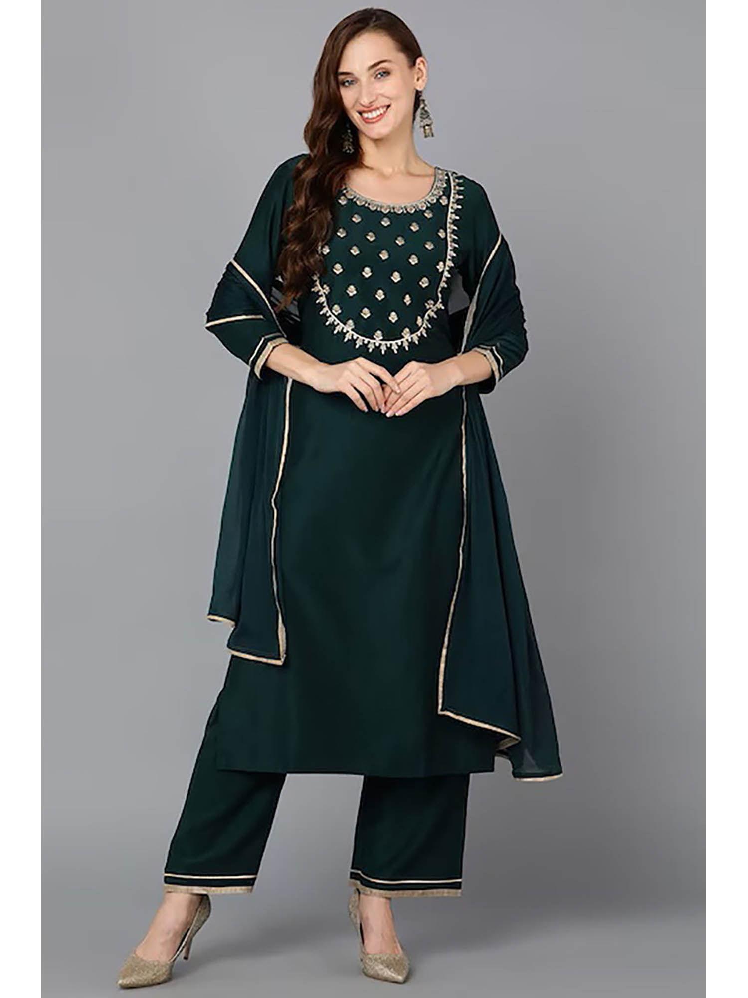 women green silk blend embroidered straight kurta palazzo with dupatta (set of 3)