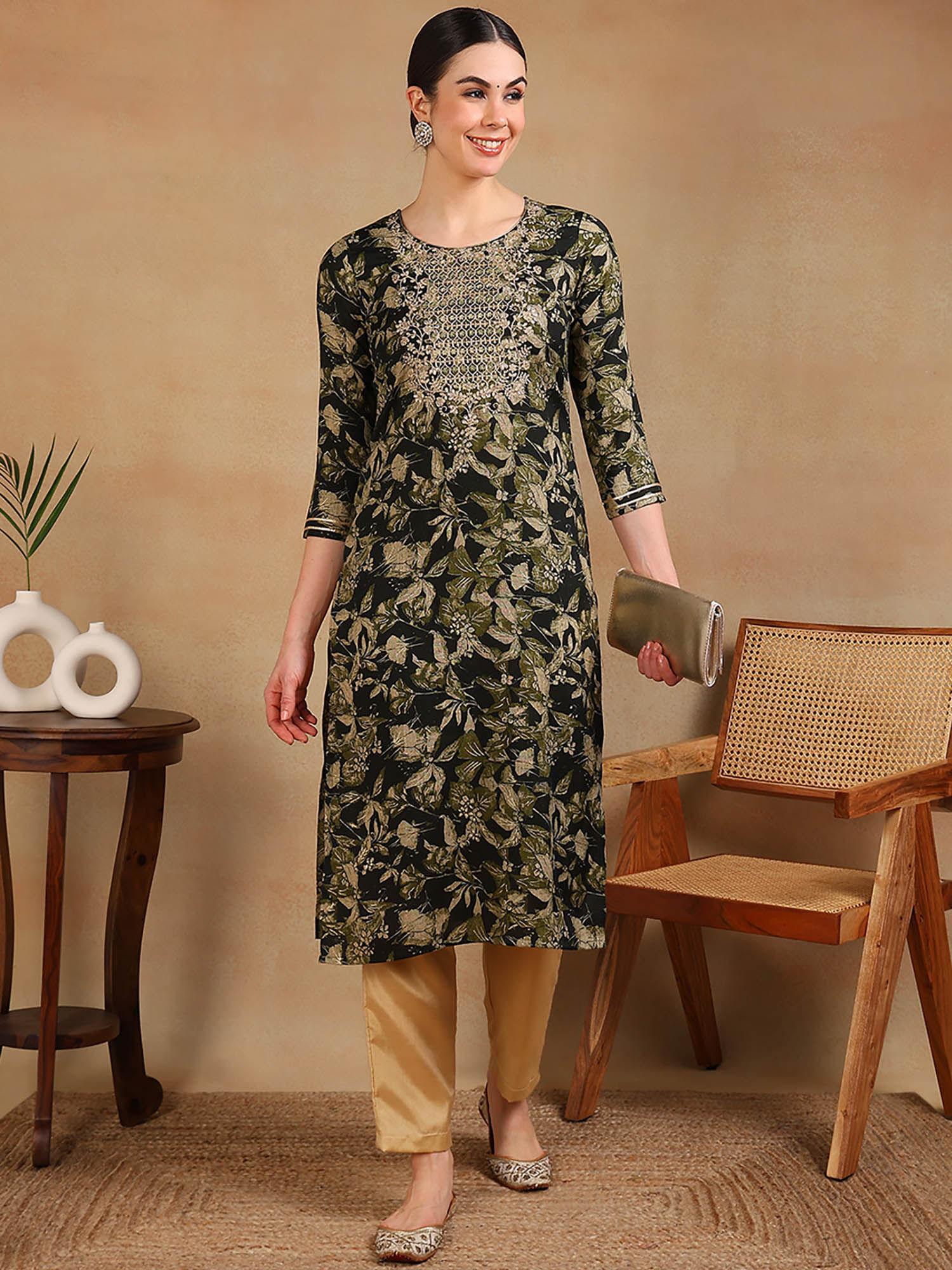 women green silk blend floral printed straight kurta