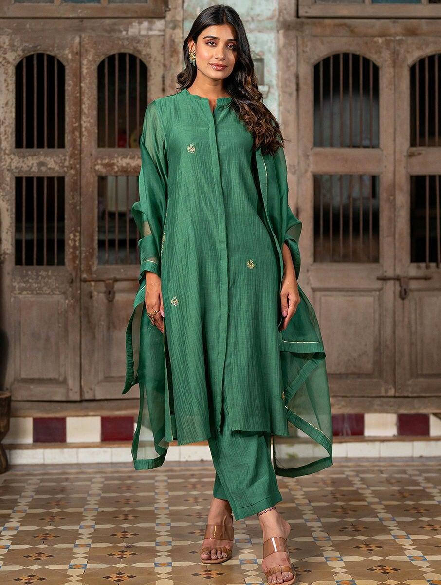 women green silk embroidered dupatta
