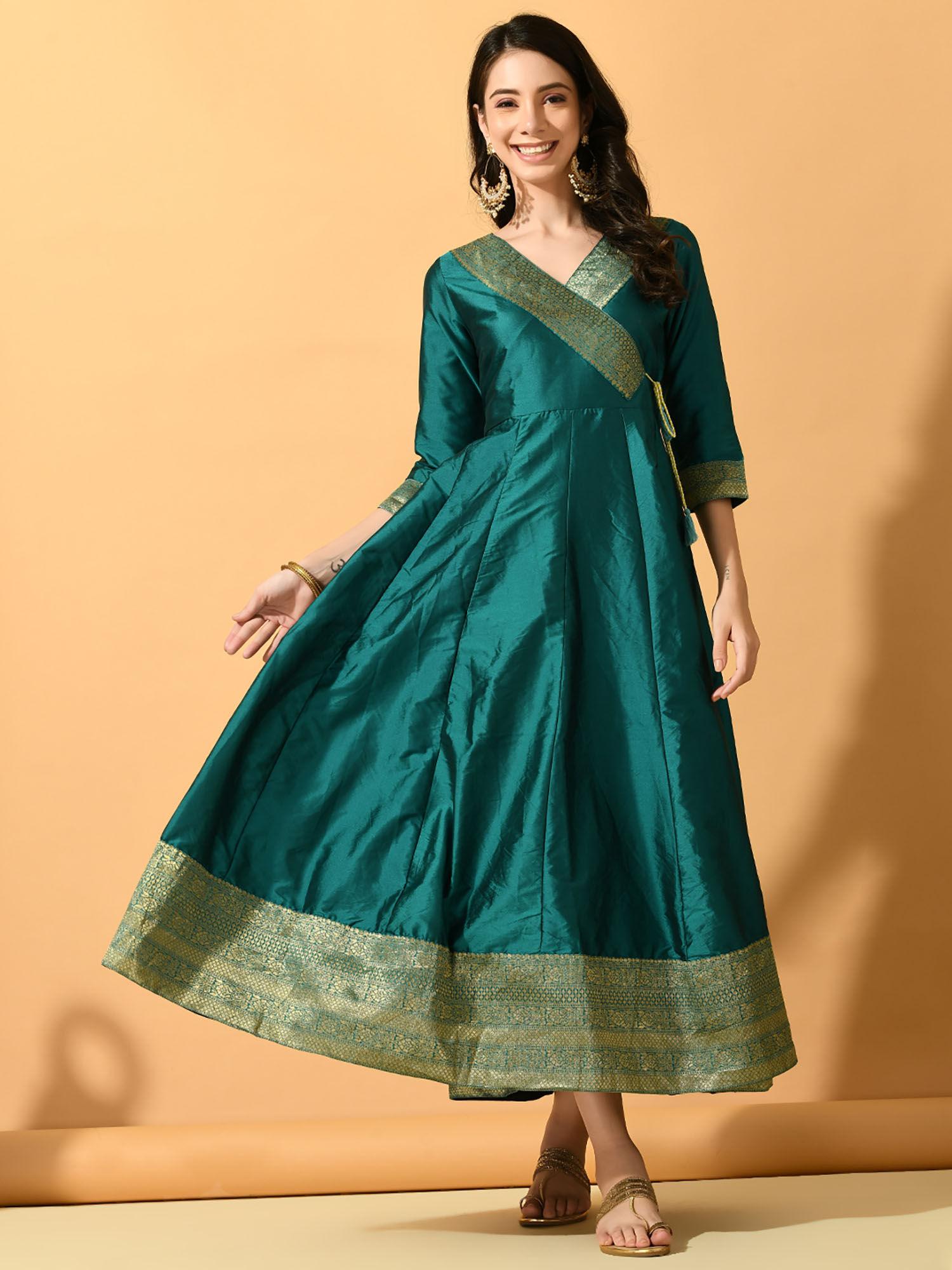 women green silk festive angarkha dress