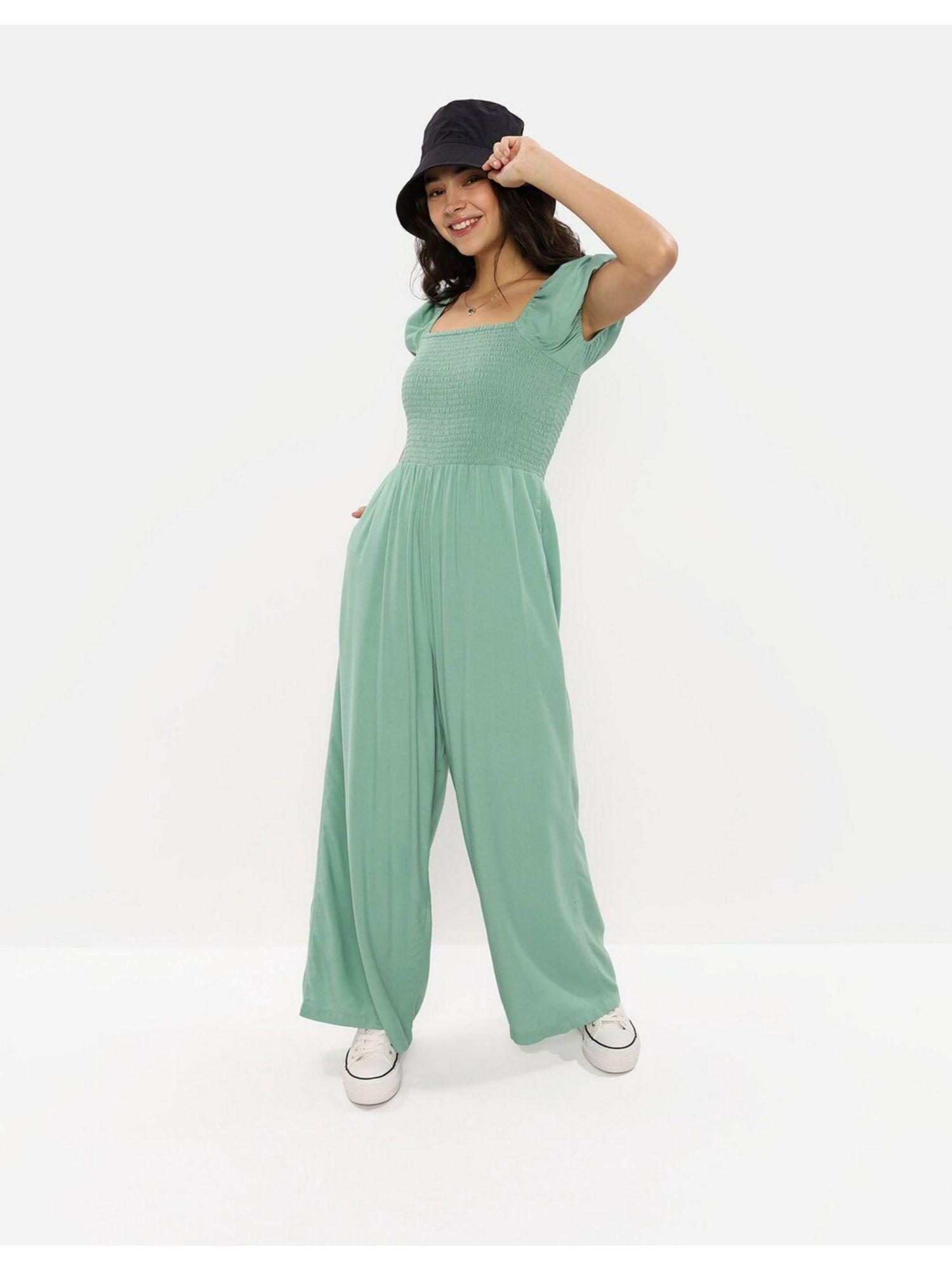 women green smocked puff sleeve jumpsuit