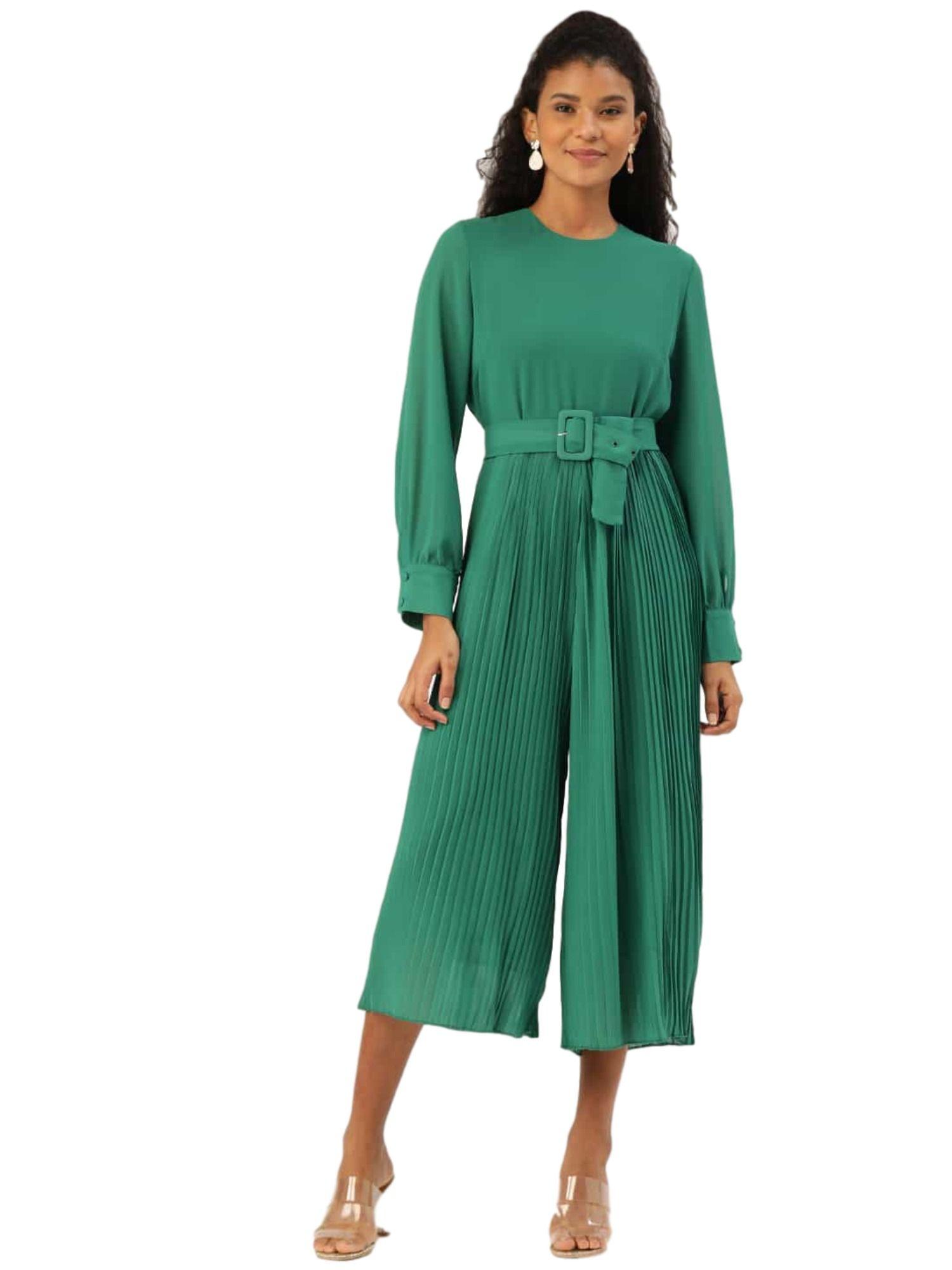 women green solid accordion pleated capri jumpsuit with belt (set of 2)