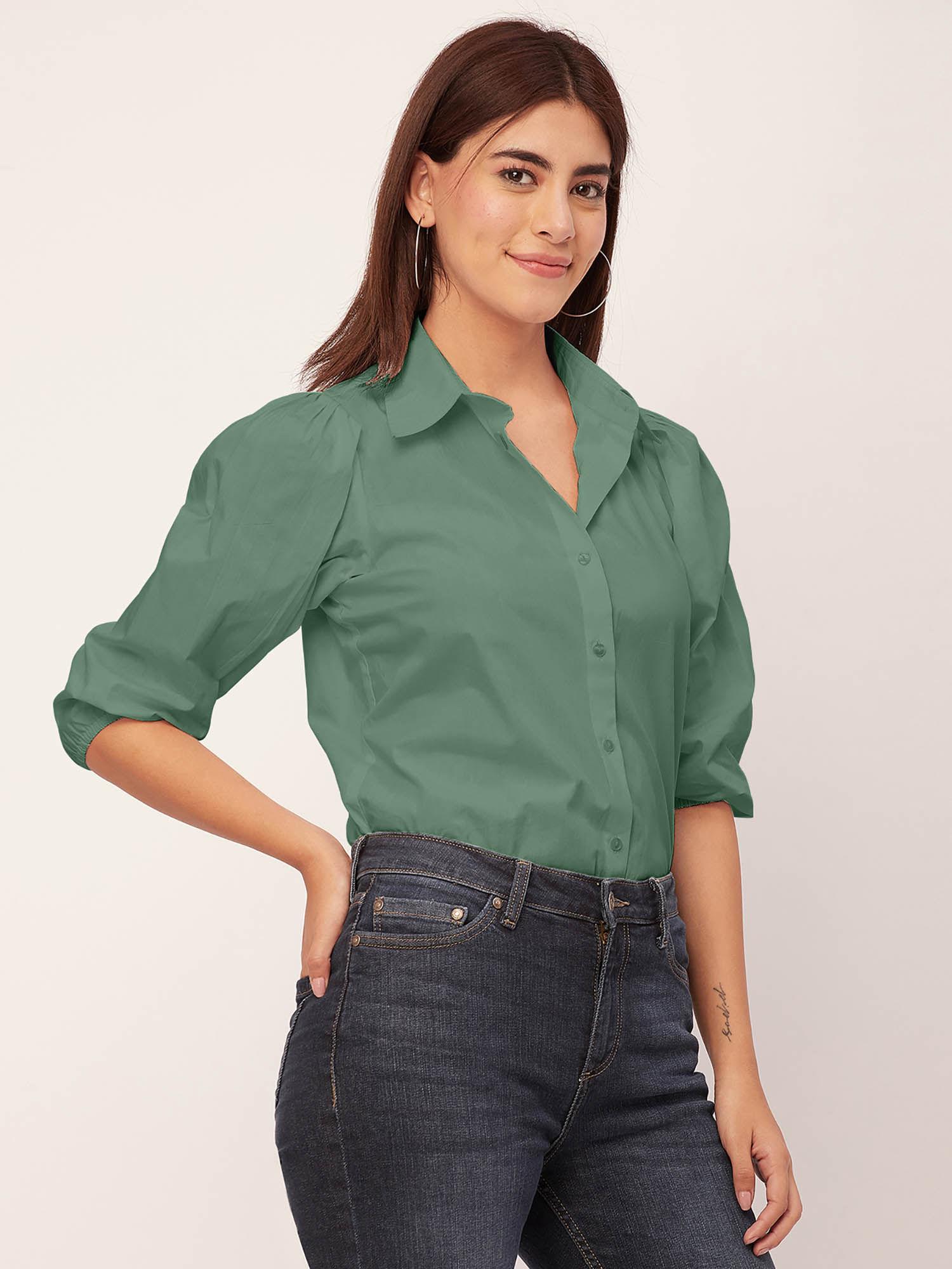 women green solid balloon sleeves shirt