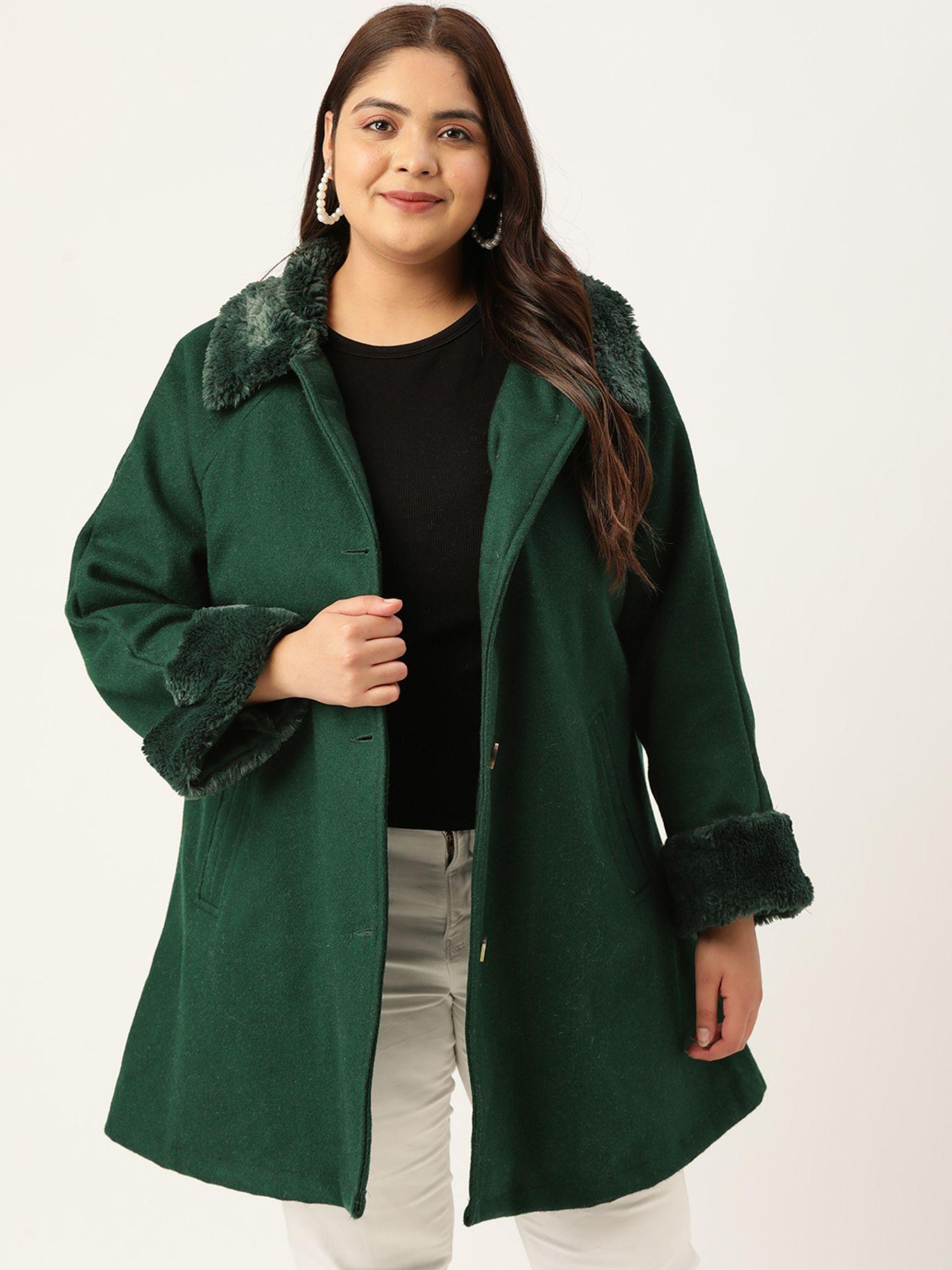 women green solid color spread collar with fur detail longline coat