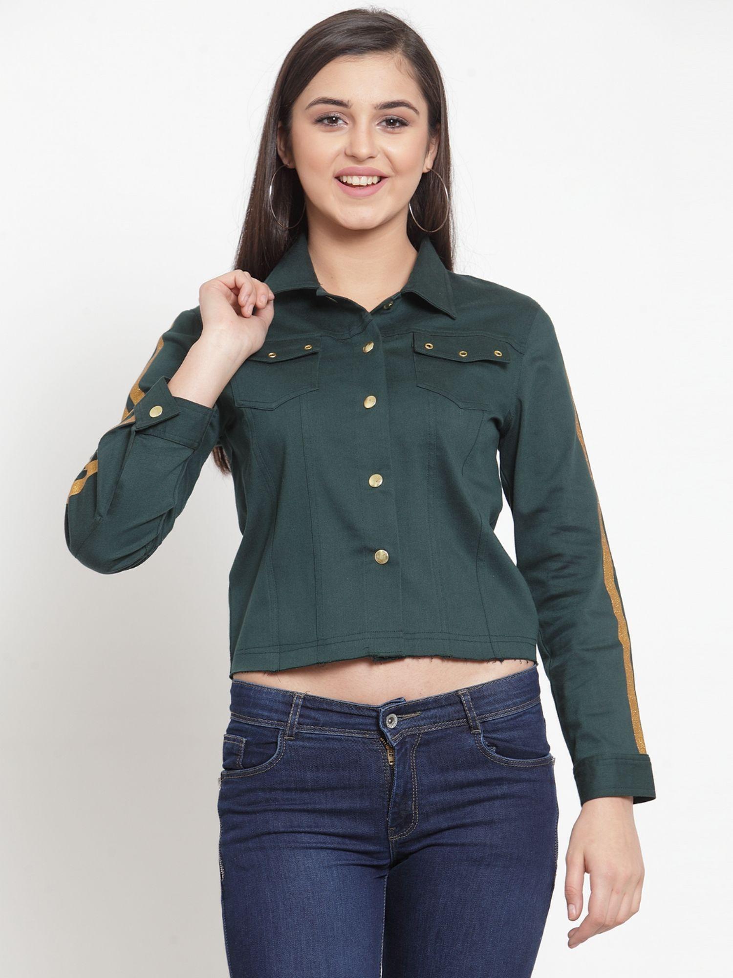 women green solid crop denim jacket