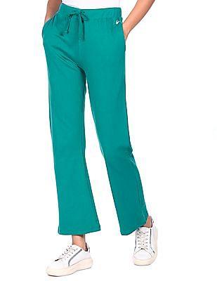 women green solid drawstring waist track pants