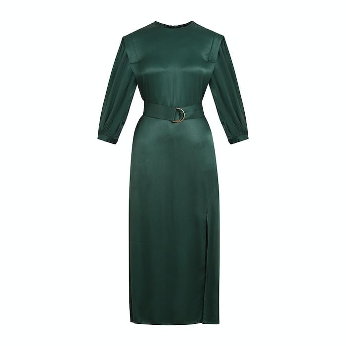 women green solid exaggerated shoulders midi dress