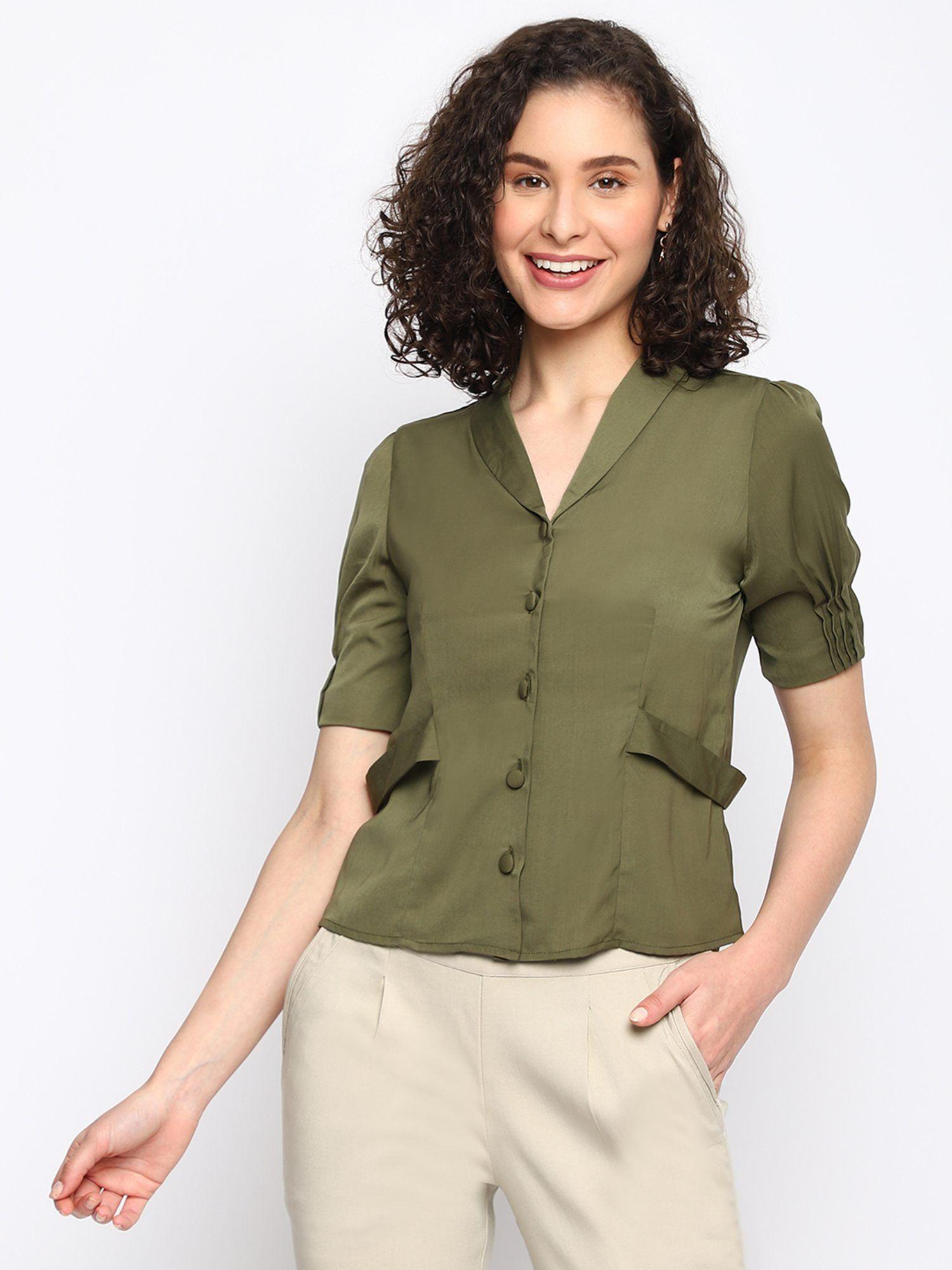 women green solid half sleeve shirt top