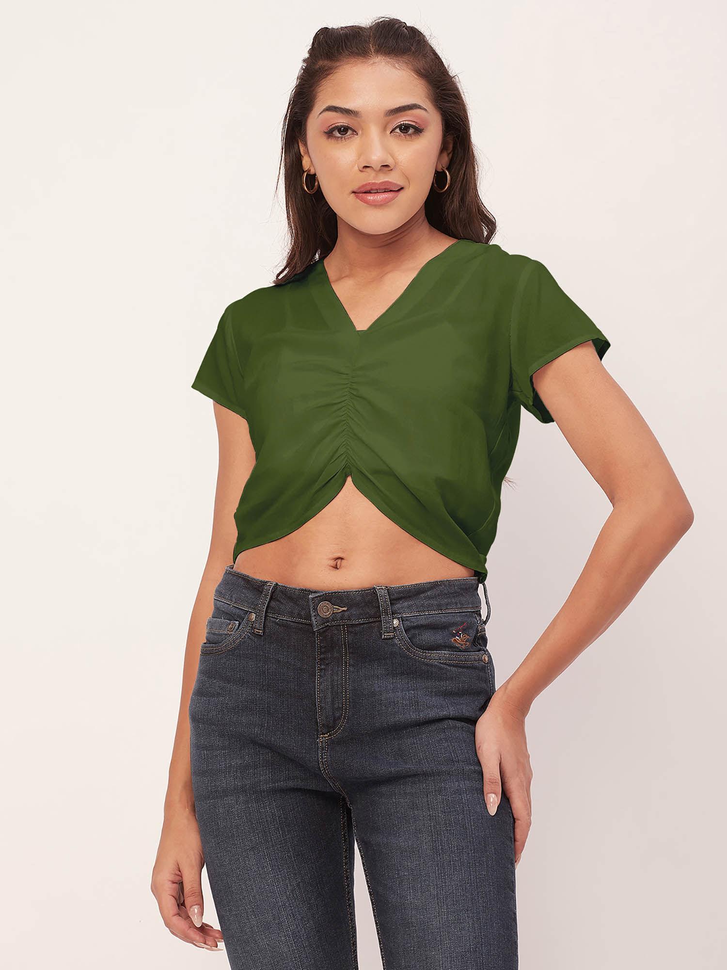 women green solid half sleeves crop top