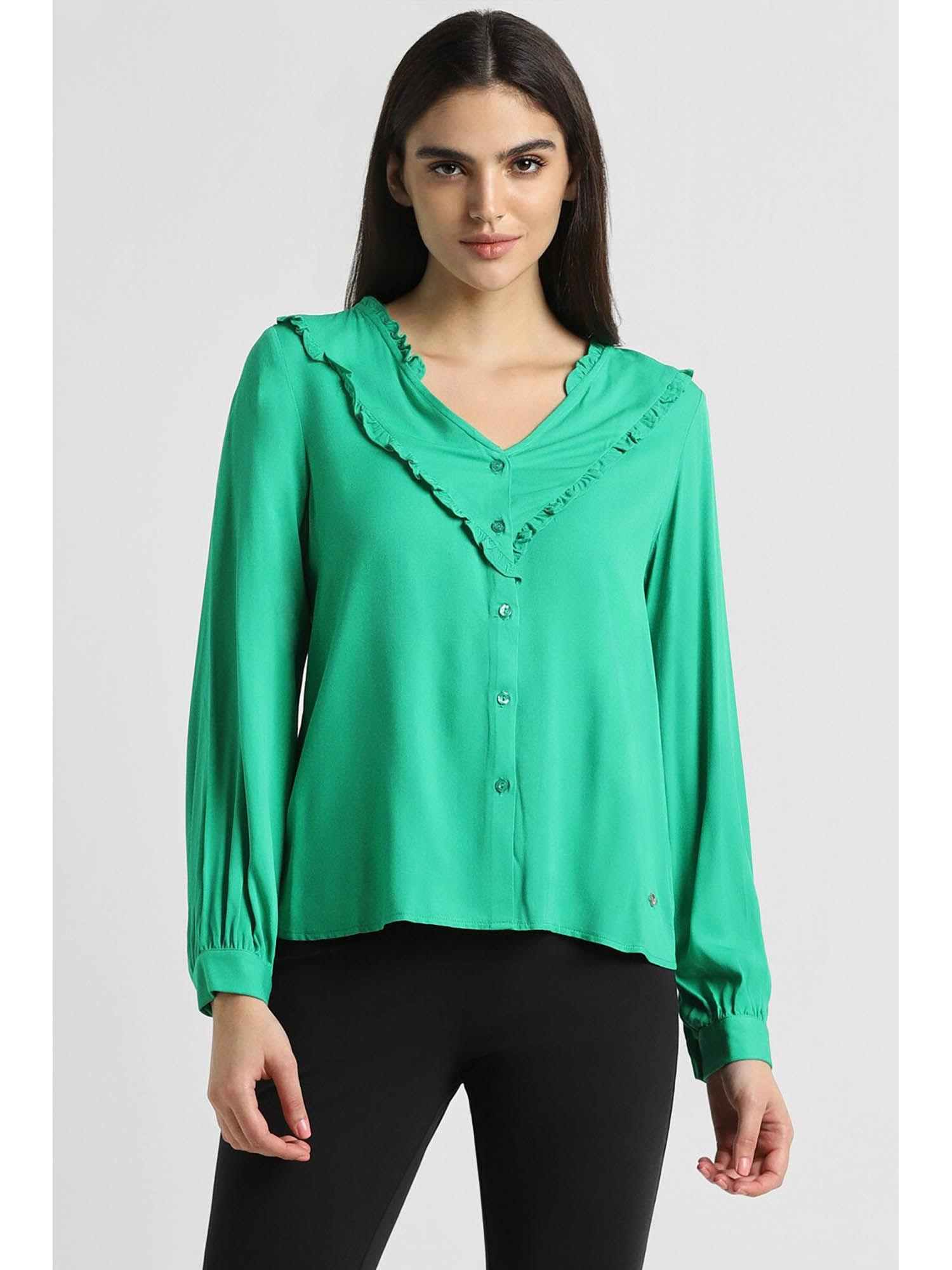 women green solid long sleeves shirt