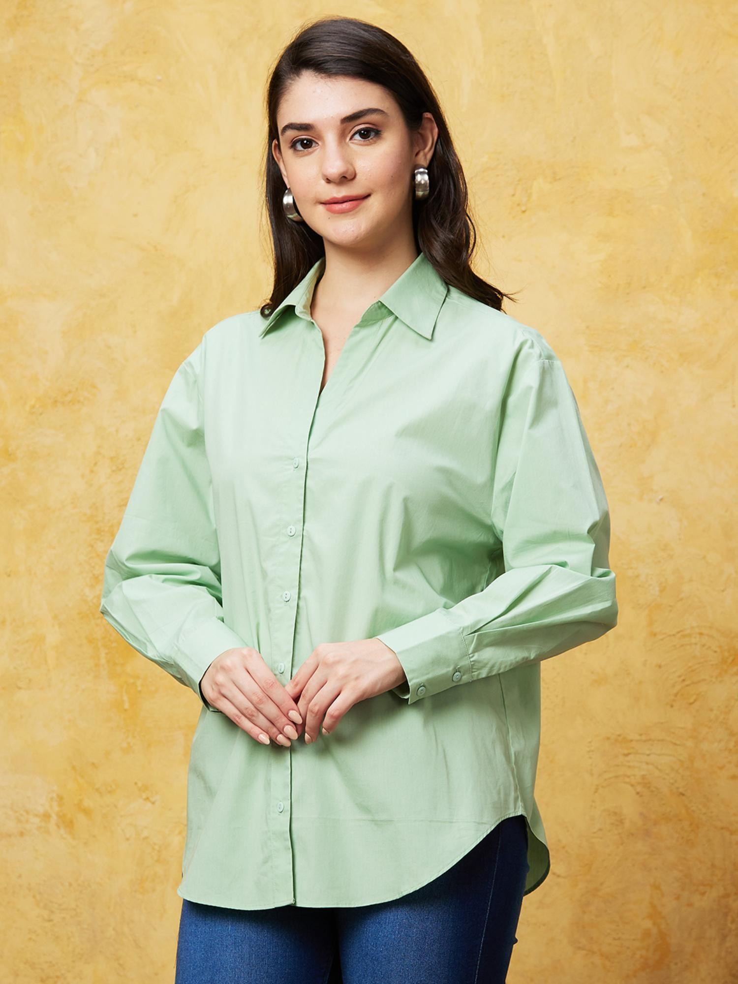 women green solid long sleeves shirt